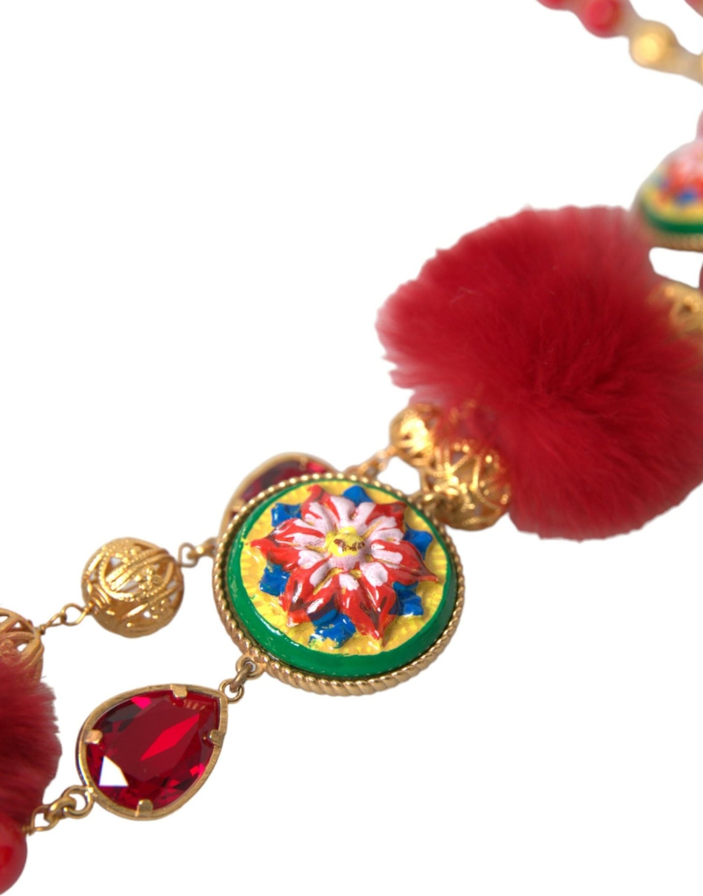 Dolce & Gabbana Gold Brass Red Fur Crystal Carretto Chain Necklace - Sandy Store ByNet