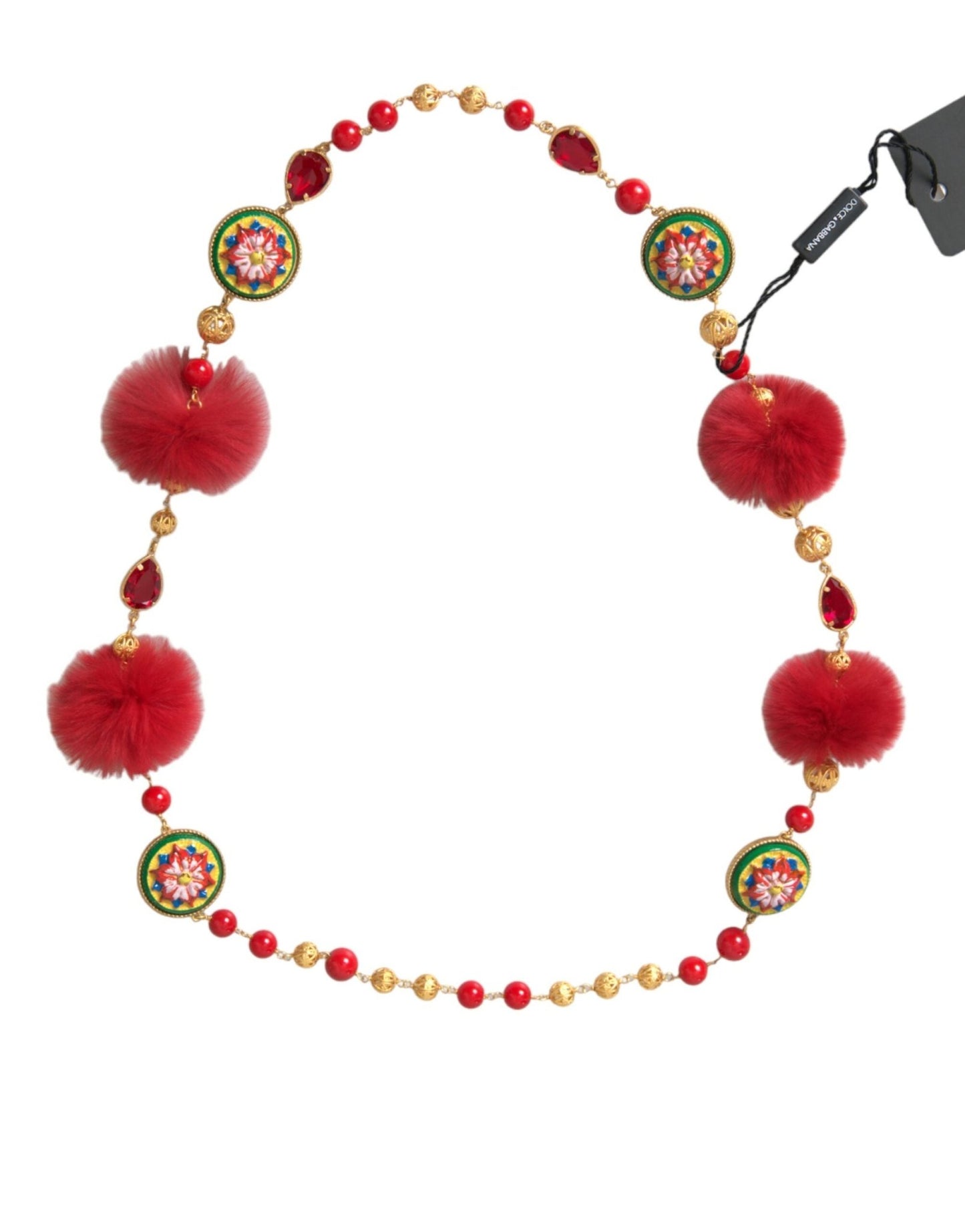 Dolce & Gabbana Gold Brass Red Fur Crystal Carretto Chain Necklace - Sandy Store ByNet