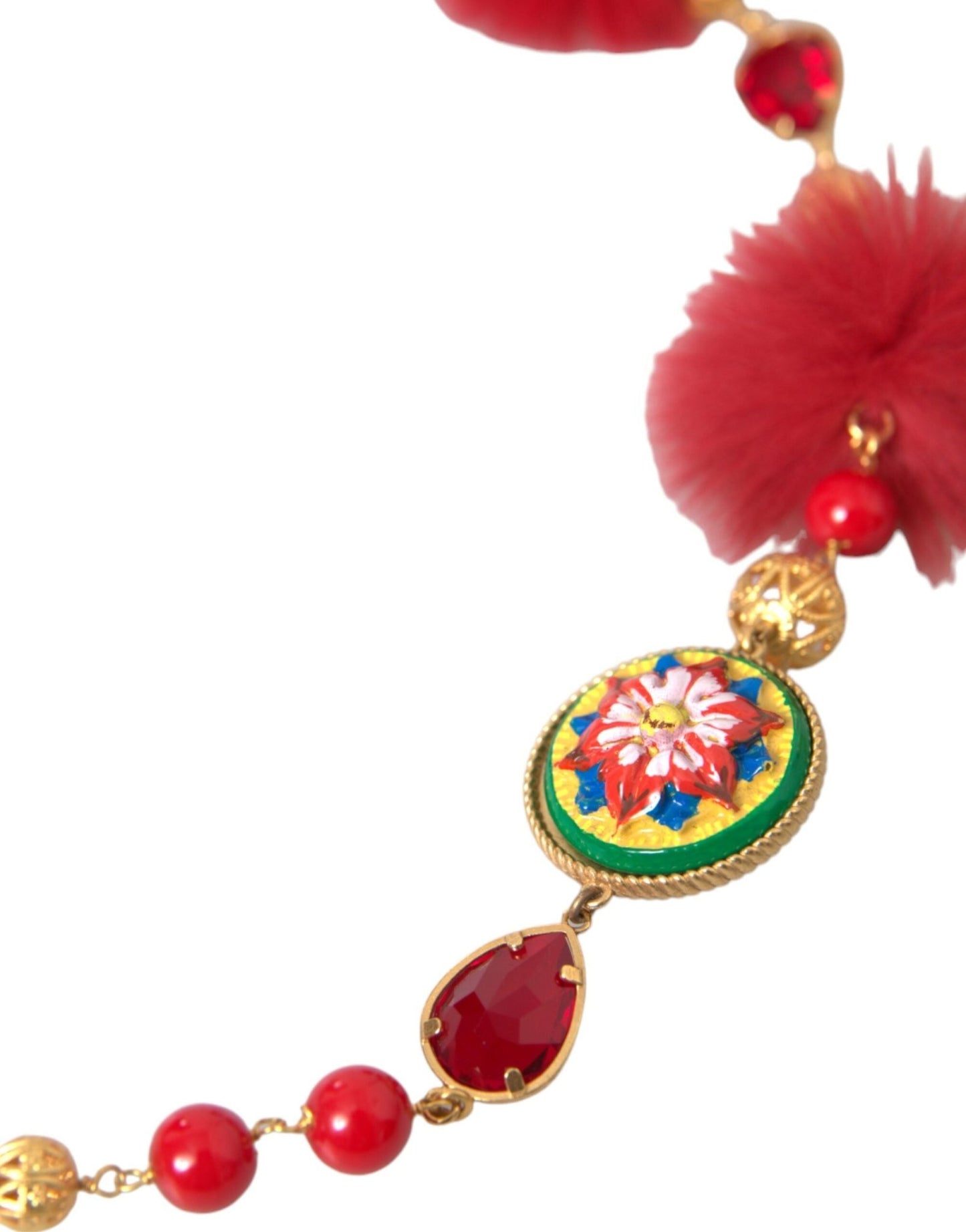 Dolce & Gabbana Gold Brass Red Fur Crystal Carretto Chain Necklace - Sandy Store ByNet