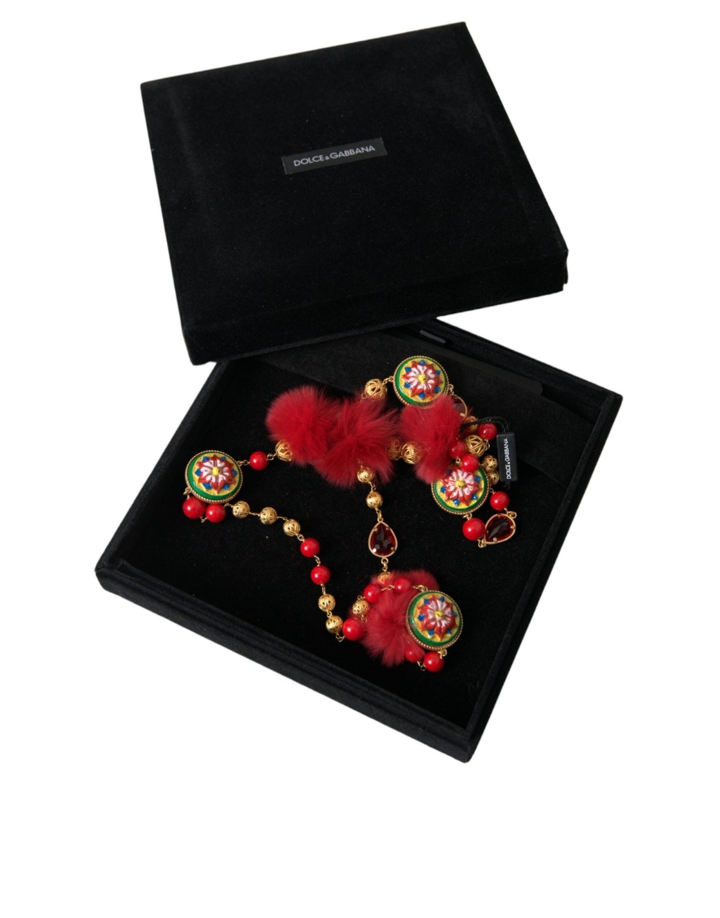 Dolce & Gabbana Gold Brass Red Fur Crystal Carretto Chain Necklace - Sandy Store ByNet