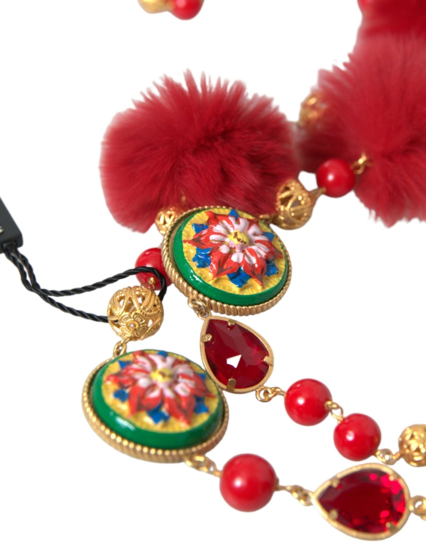 Dolce & Gabbana Gold Brass Red Fur Crystal Carretto Chain Necklace - Sandy Store ByNet