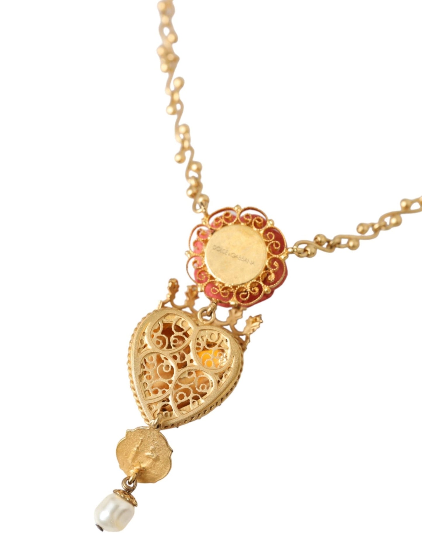 Dolce & Gabbana Gold BrassChain Sacred Heart Rose Crystal Charm Necklace - Sandy Store ByNet