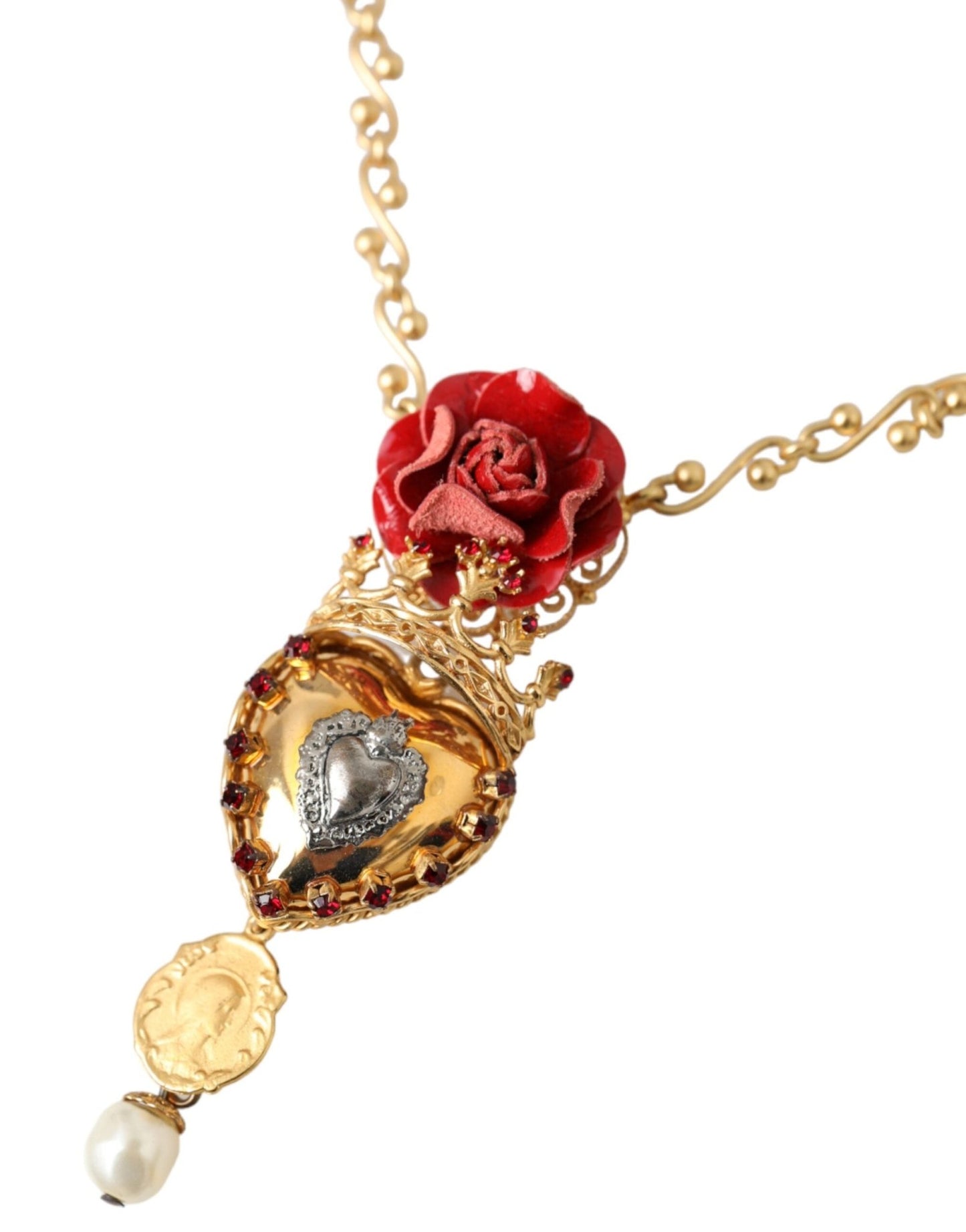 Dolce & Gabbana Gold BrassChain Sacred Heart Rose Crystal Charm Necklace - Sandy Store ByNet