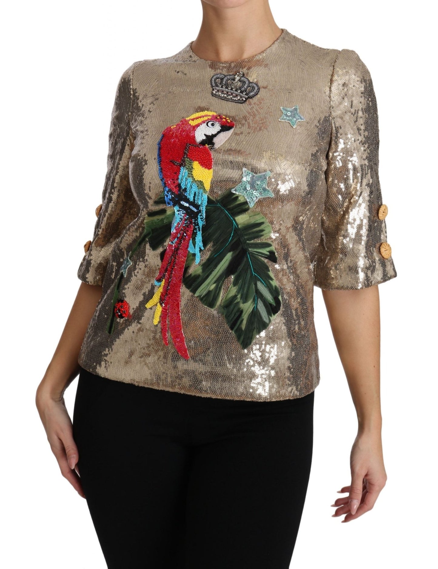 Dolce & Gabbana Gold Parrot Motif Crewneck Blouse with Crystals - Sandy Store ByNet