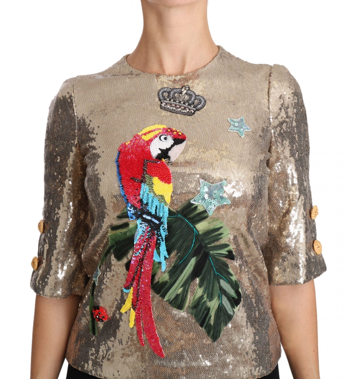 Dolce & Gabbana Gold Parrot Motif Crewneck Blouse with Crystals - Sandy Store ByNet