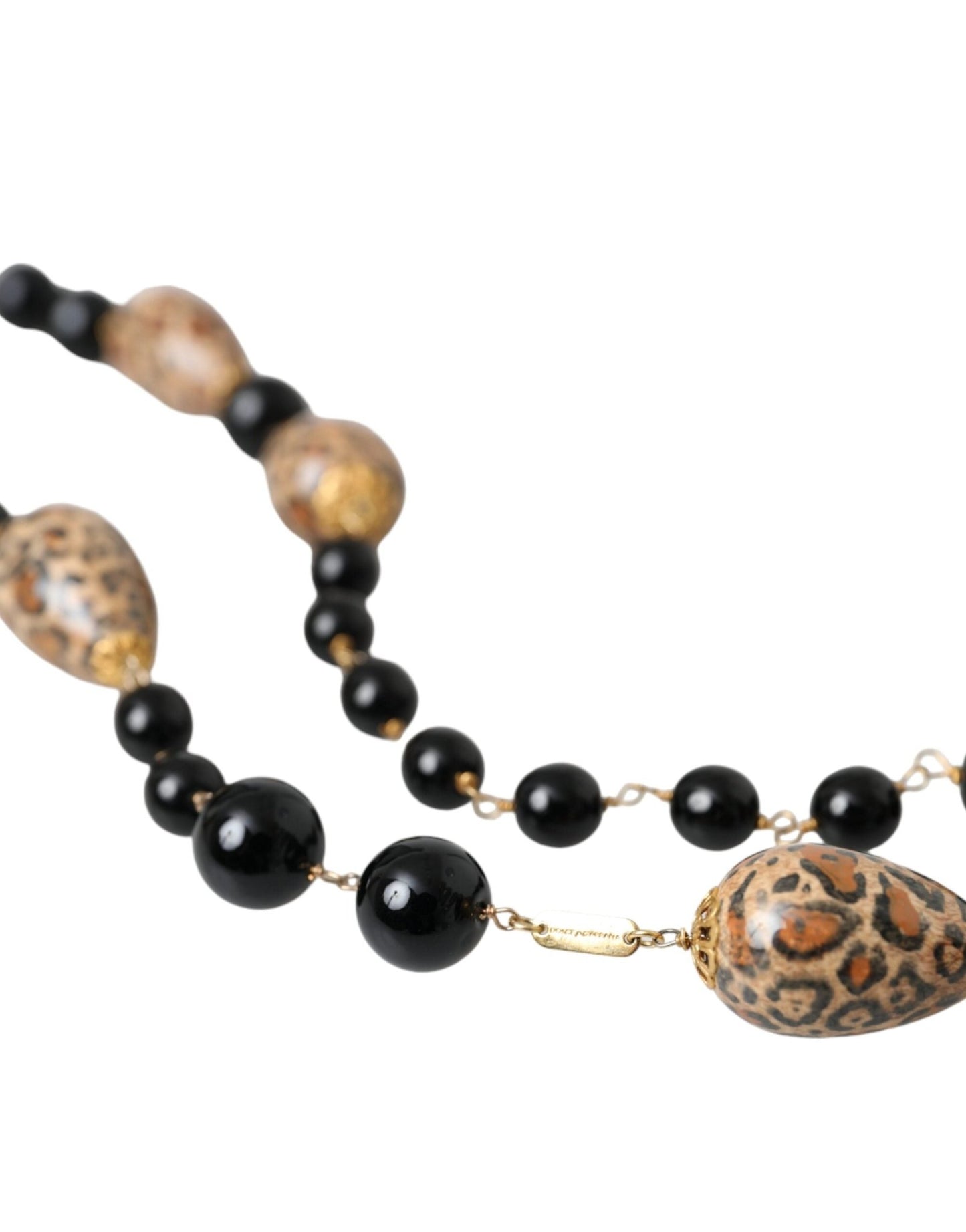 Dolce & Gabbana Gold Tone Brass Black Printed Beaded Long Chain Necklace - Sandy Store ByNet