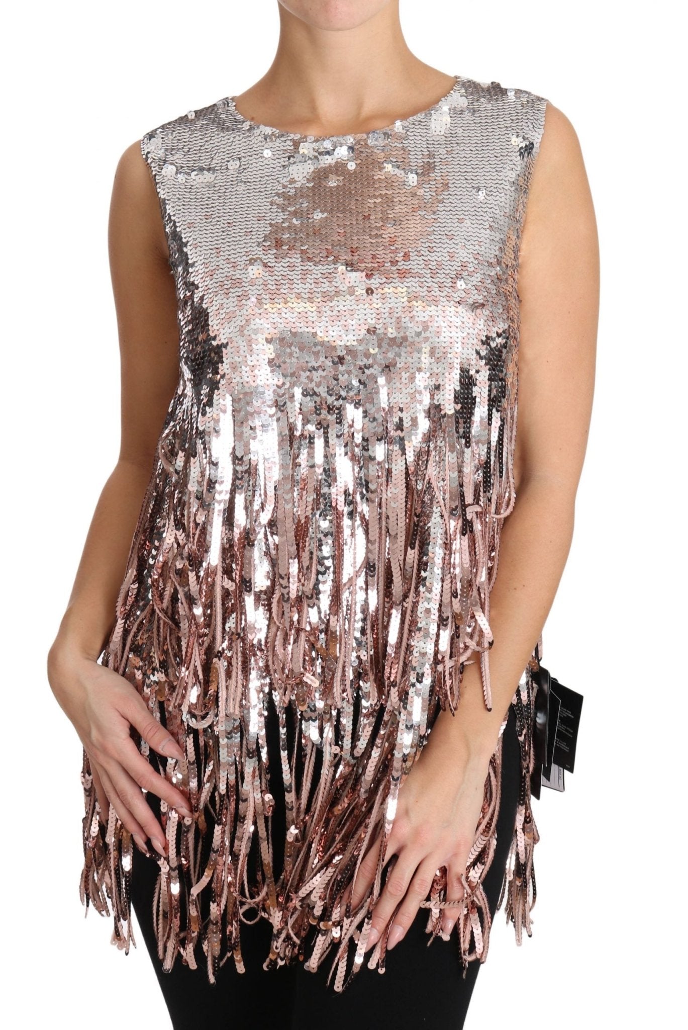 Dolce & Gabbana Golden Pink Sequined Fringe Elegance Top - Sandy Store ByNet
