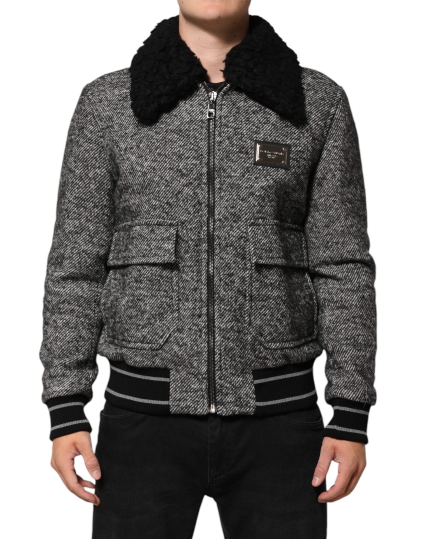 Dolce & Gabbana Gray Wool Herringbone Shearling Collar Bomber Jacket – IT50 | L par Dolce & Gabbana | Disponible sur Sandy Store ByNet
