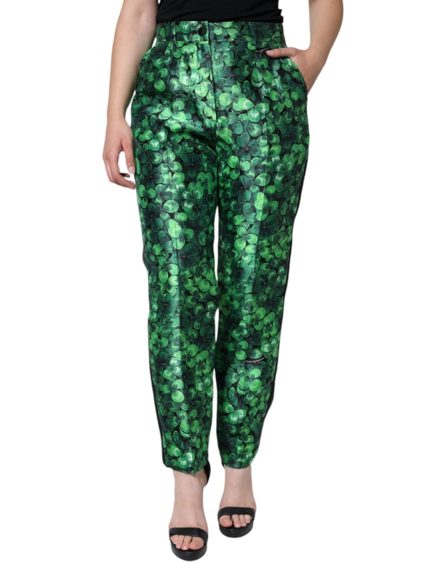 Dolce & Gabbana Green Clover Silk Satin High Waist Tapered Pants – IT44 | L par Dolce & Gabbana | Disponible sur Sandy Store ByNet