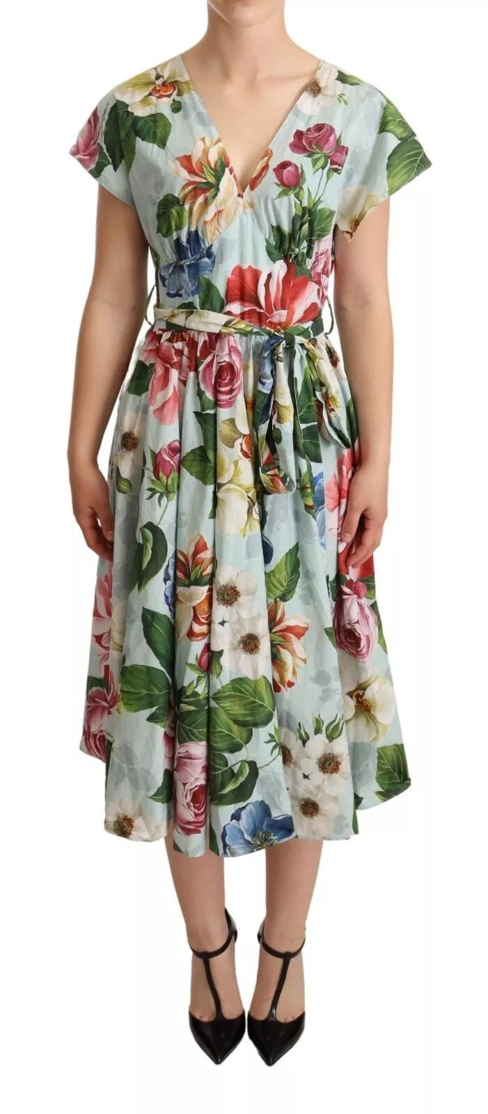 Dolce & Gabbana Green Floral Short Sleeves Cotton V - neck Dress – IT38 | XS par Dolce & Gabbana | Disponible sur Sandy Store ByNet
