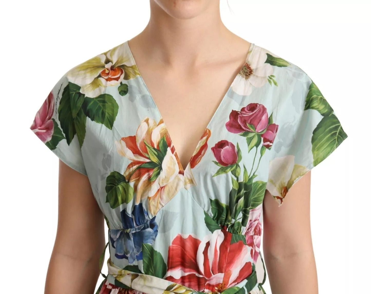Dolce & Gabbana Green Floral Short Sleeves Cotton V - neck Dress – IT38 | XS par Dolce & Gabbana | Disponible sur Sandy Store ByNet