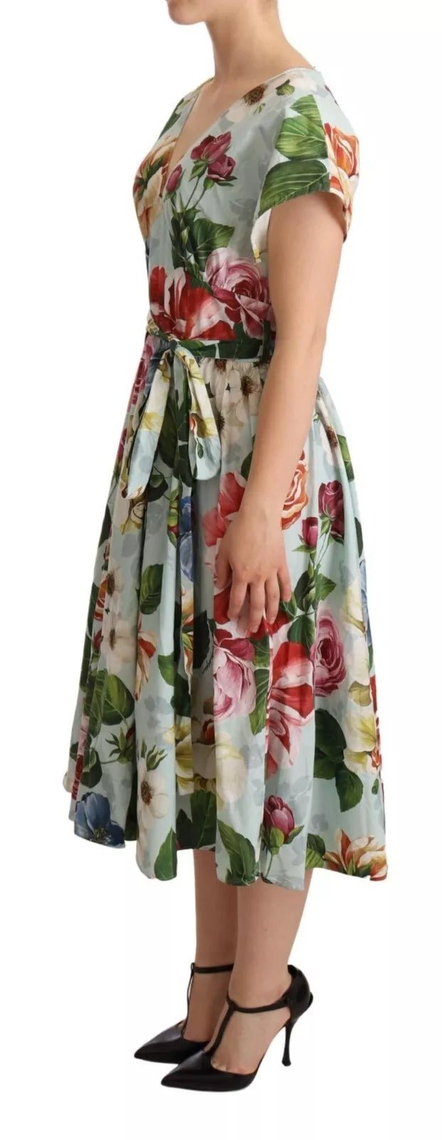 Dolce & Gabbana Green Floral Short Sleeves Cotton V - neck Dress – IT38 | XS par Dolce & Gabbana | Disponible sur Sandy Store ByNet