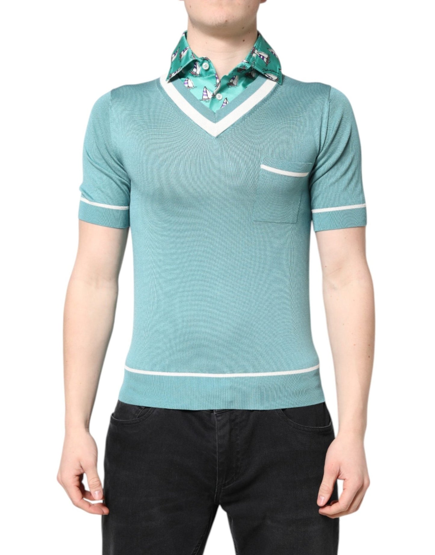 Dolce & Gabbana Green Printed Collared Short Sleeve T-shirt – IT44 | XS par Dolce & Gabbana | Disponible sur Sandy Store ByNet