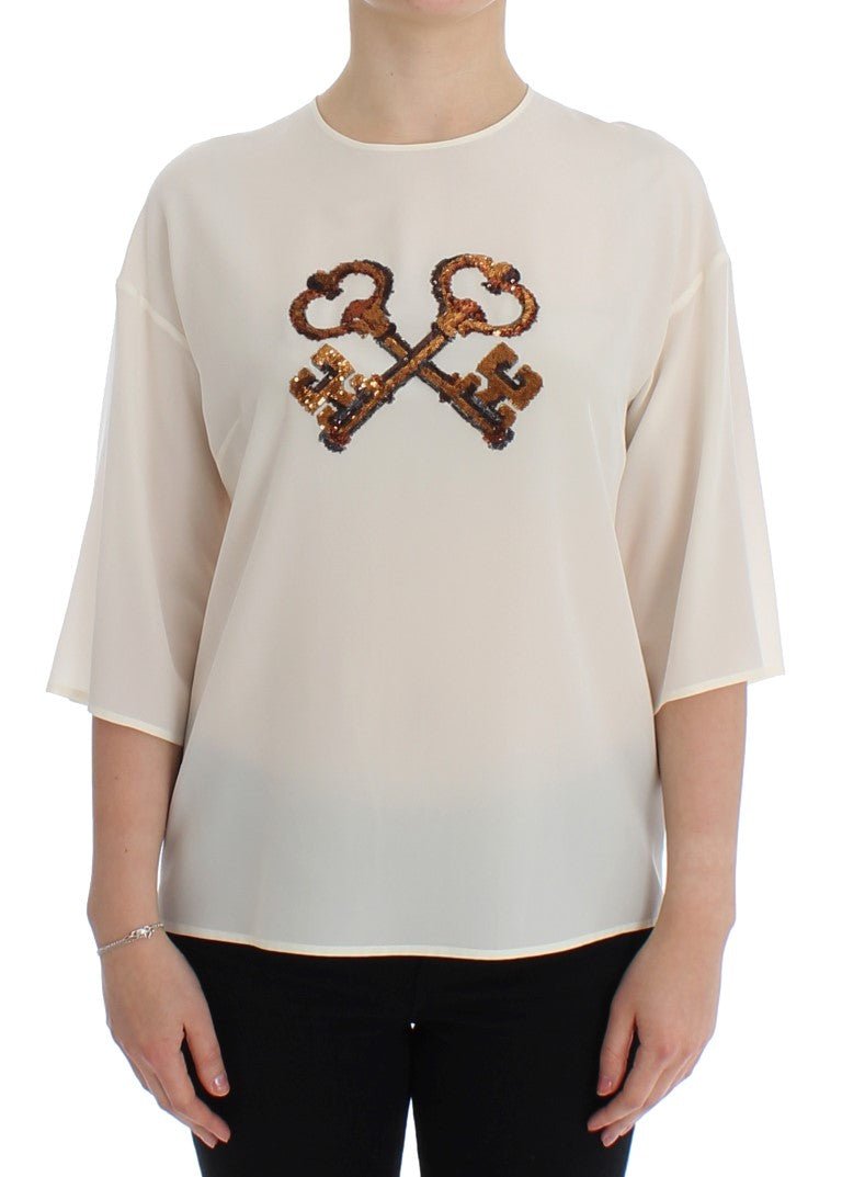 Dolce & Gabbana Ivory Sequined Silk Blouse Top - Sandy Store ByNet