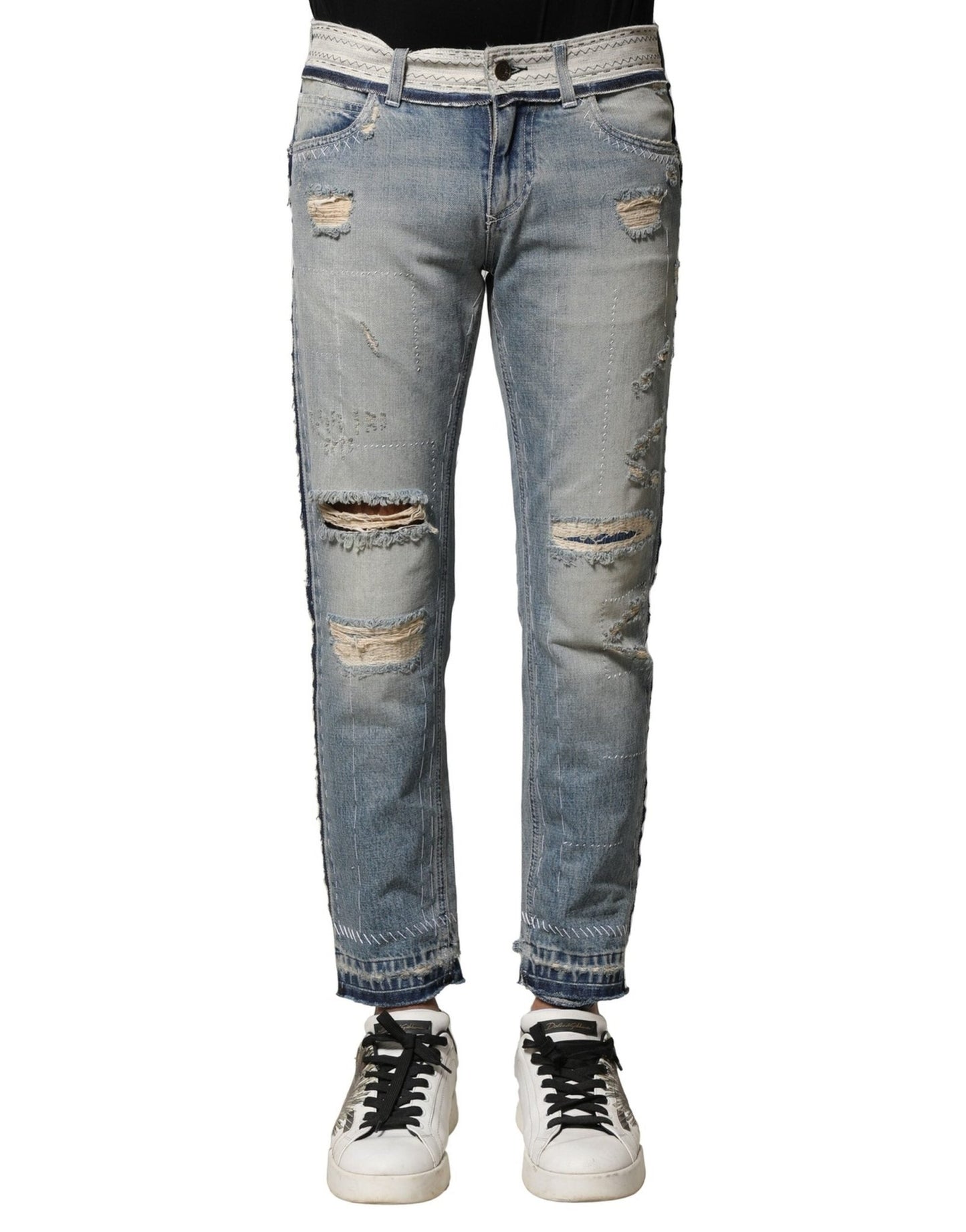 Dolce & Gabbana Light Blue Tattered Straight Men Denim Jeans – IT44 | XS par Dolce & Gabbana | Disponible sur Sandy Store ByNet
