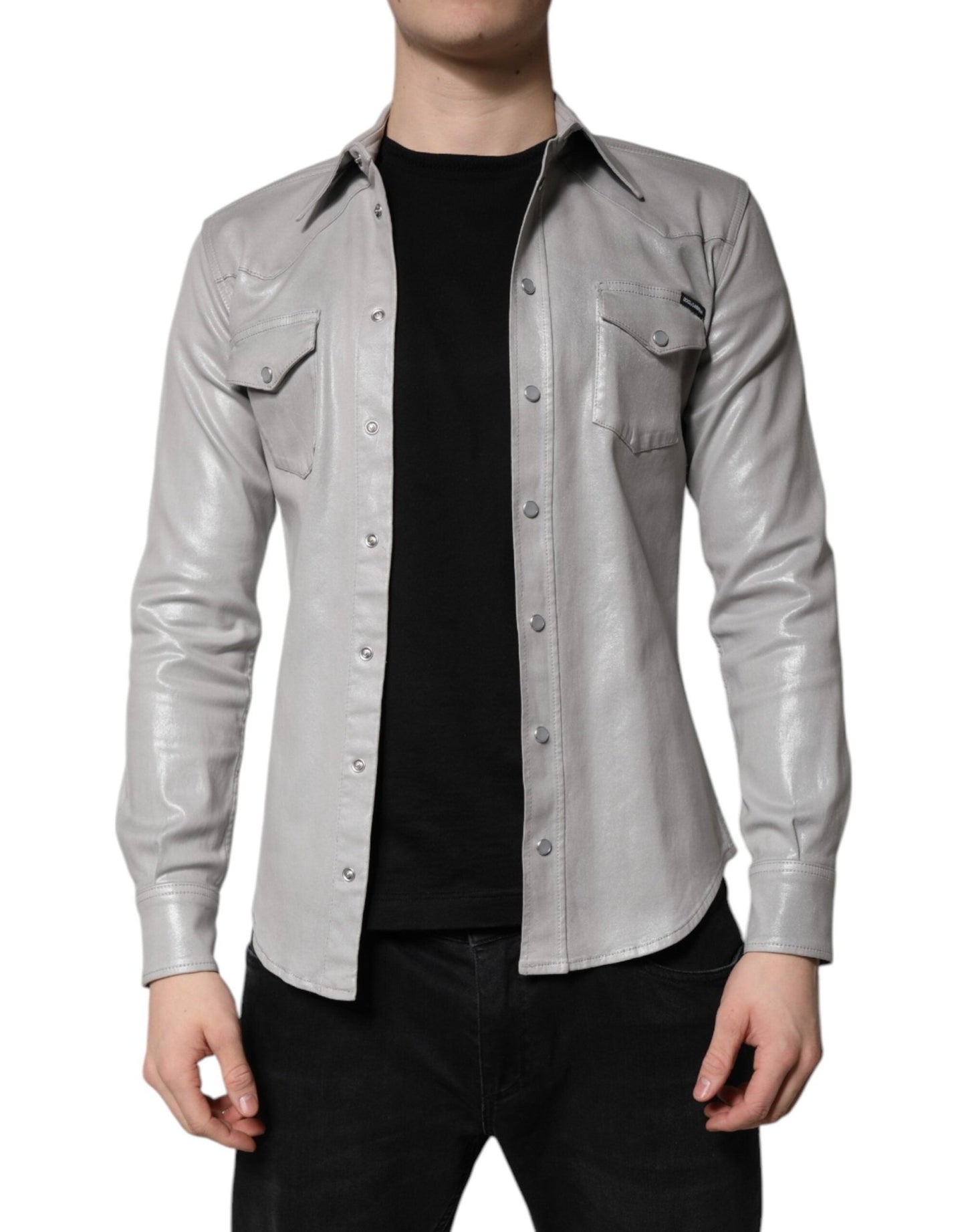 Dolce & Gabbana Metallic Gray Cotton Button Down Shirt - Sandy Store ByNet