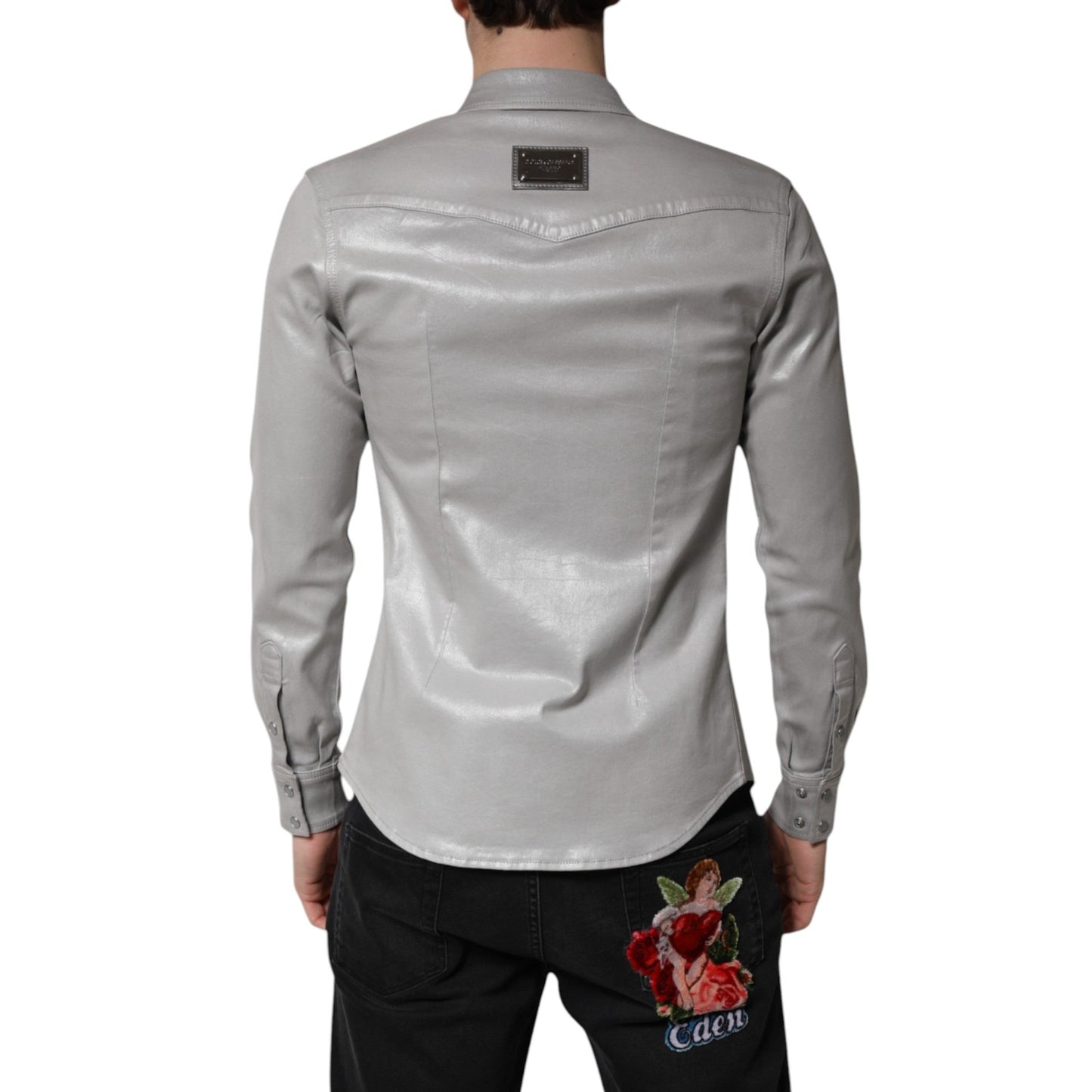 Dolce & Gabbana Metallic Gray Cotton Button Down Shirt - Sandy Store ByNet
