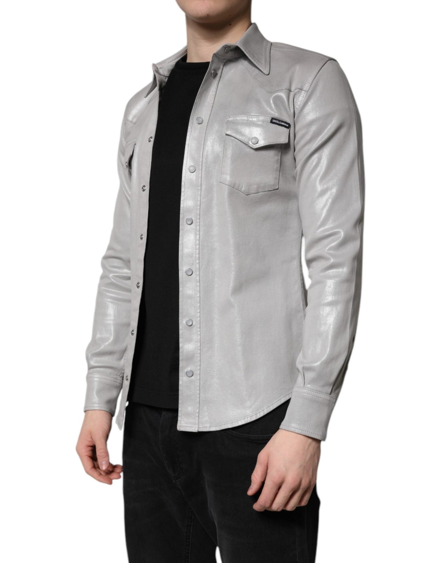Dolce & Gabbana Metallic Gray Cotton Button Down Shirt - Sandy Store ByNet