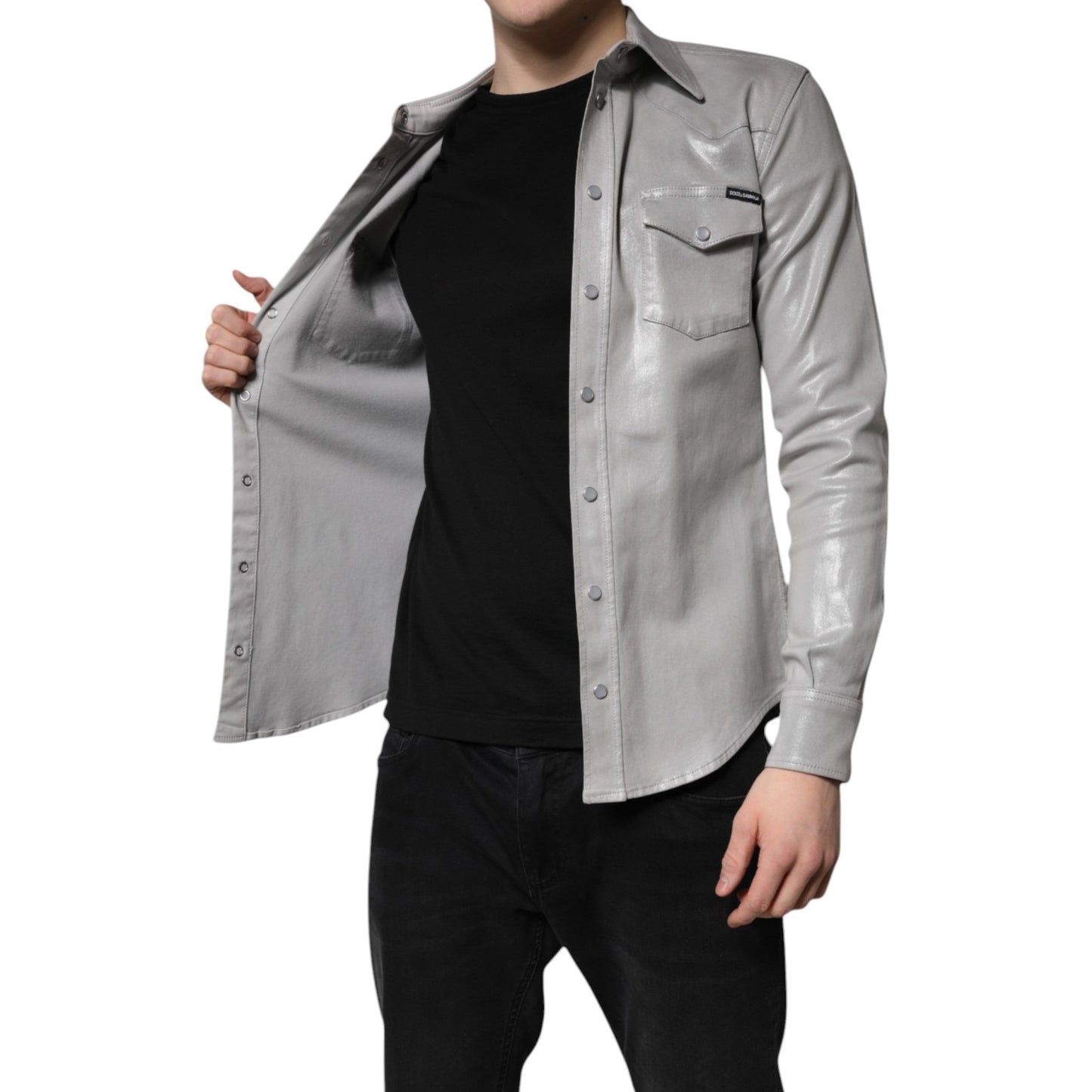 Dolce & Gabbana Metallic Gray Cotton Button Down Shirt - Sandy Store ByNet