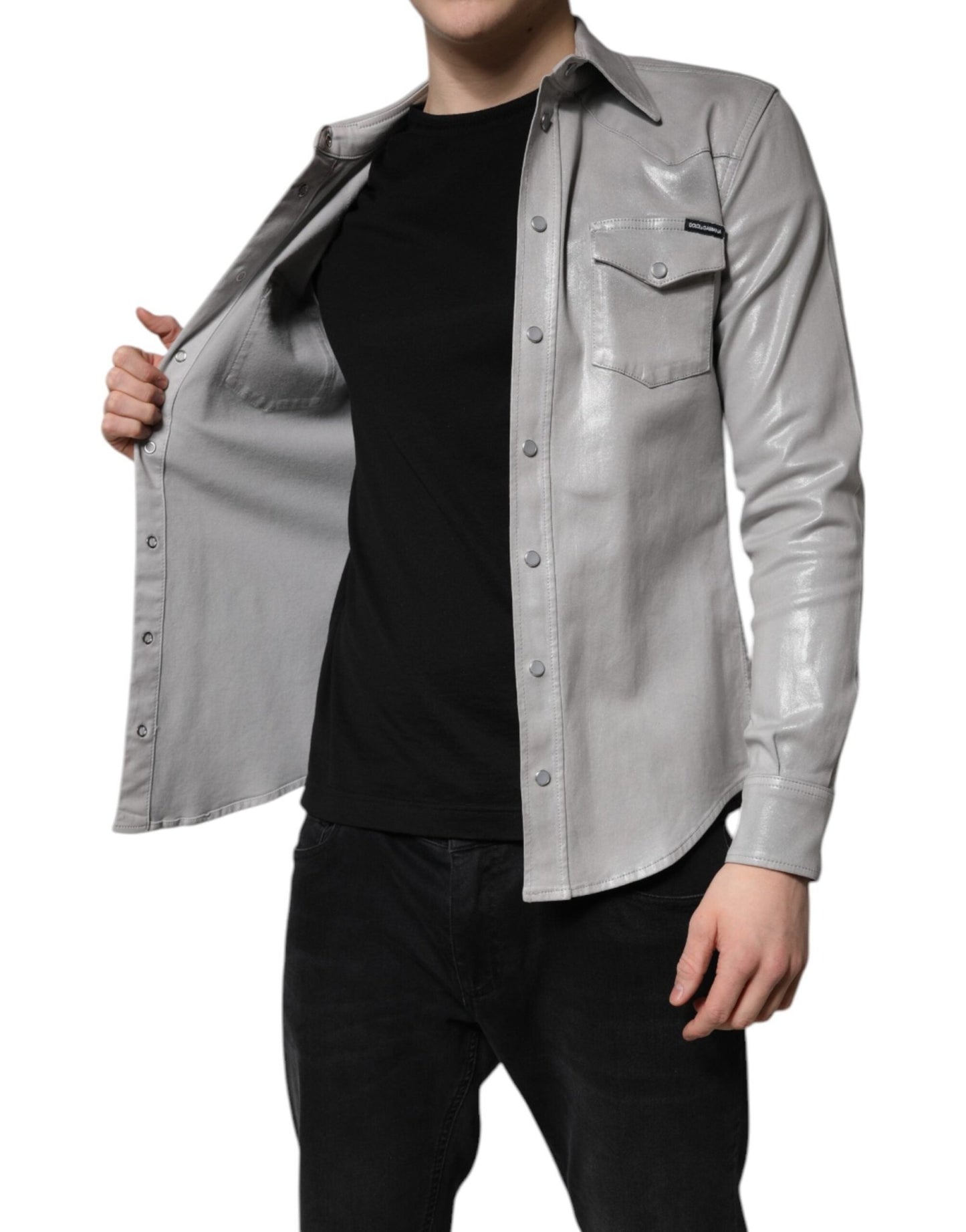 Dolce & Gabbana Metallic Gray Cotton Button Down Shirt - Sandy Store ByNet