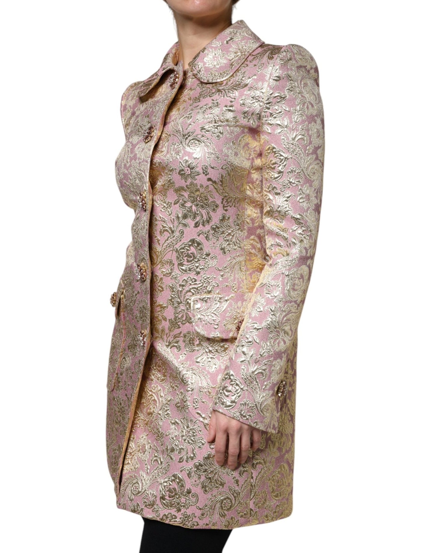 Dolce & Gabbana Metallic Pink Gold Jacquard Jewel Button Coat Jacket - Sandy Store ByNet