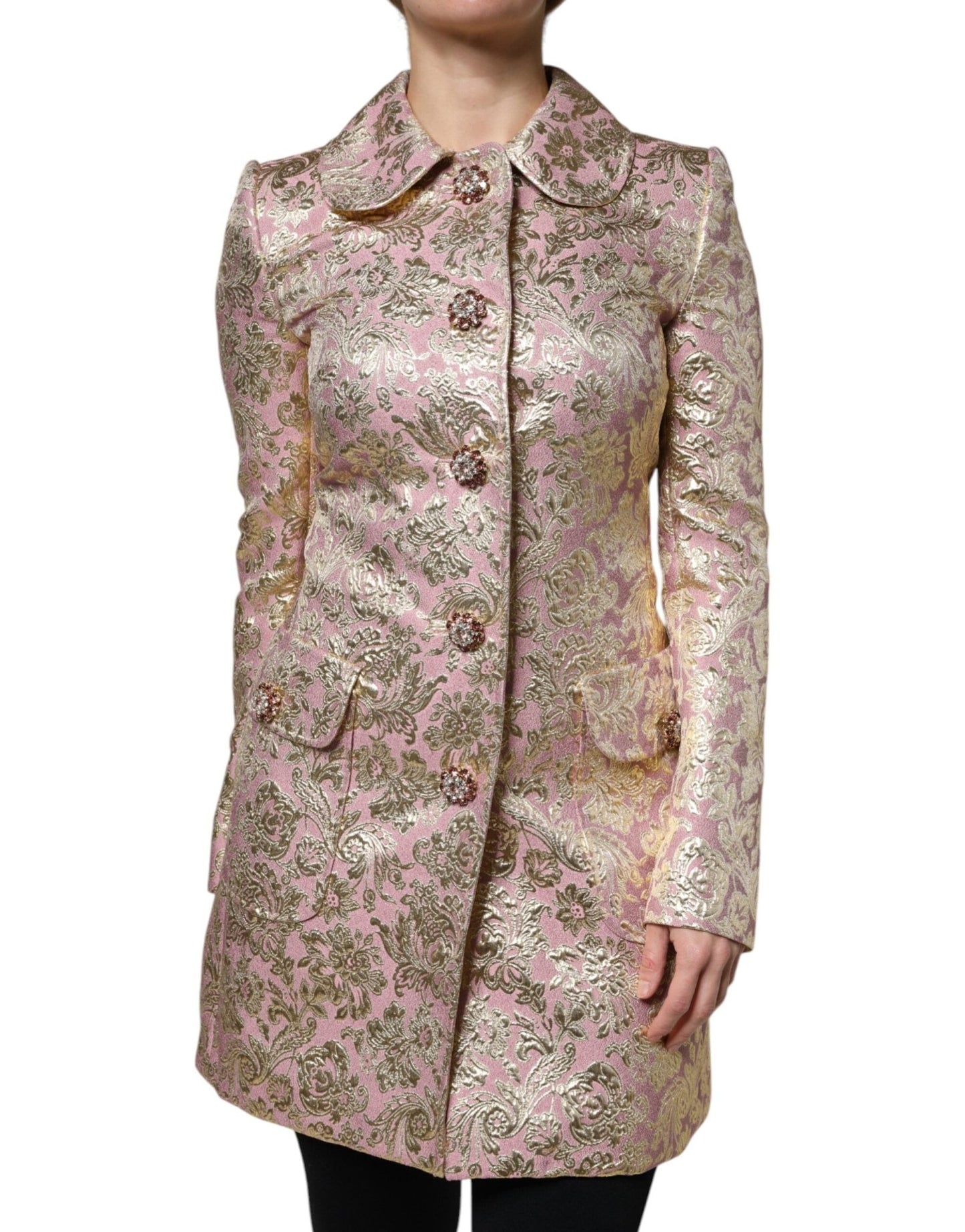 Dolce & Gabbana Metallic Pink Gold Jacquard Jewel Button Coat Jacket - Sandy Store ByNet