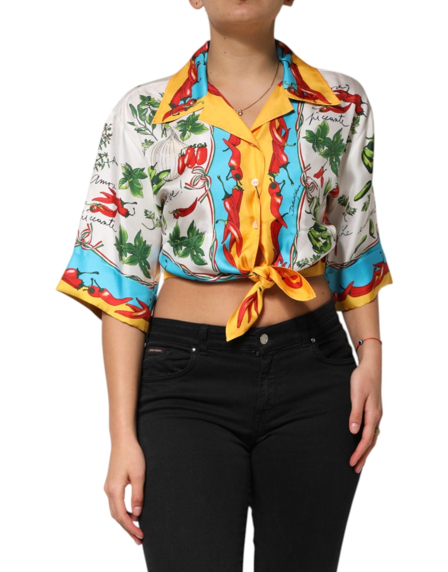 Dolce & Gabbana Multicolor Chili Silk Cropped Blouse Top – IT36|XXS par Dolce & Gabbana | Disponible sur Sandy Store ByNet