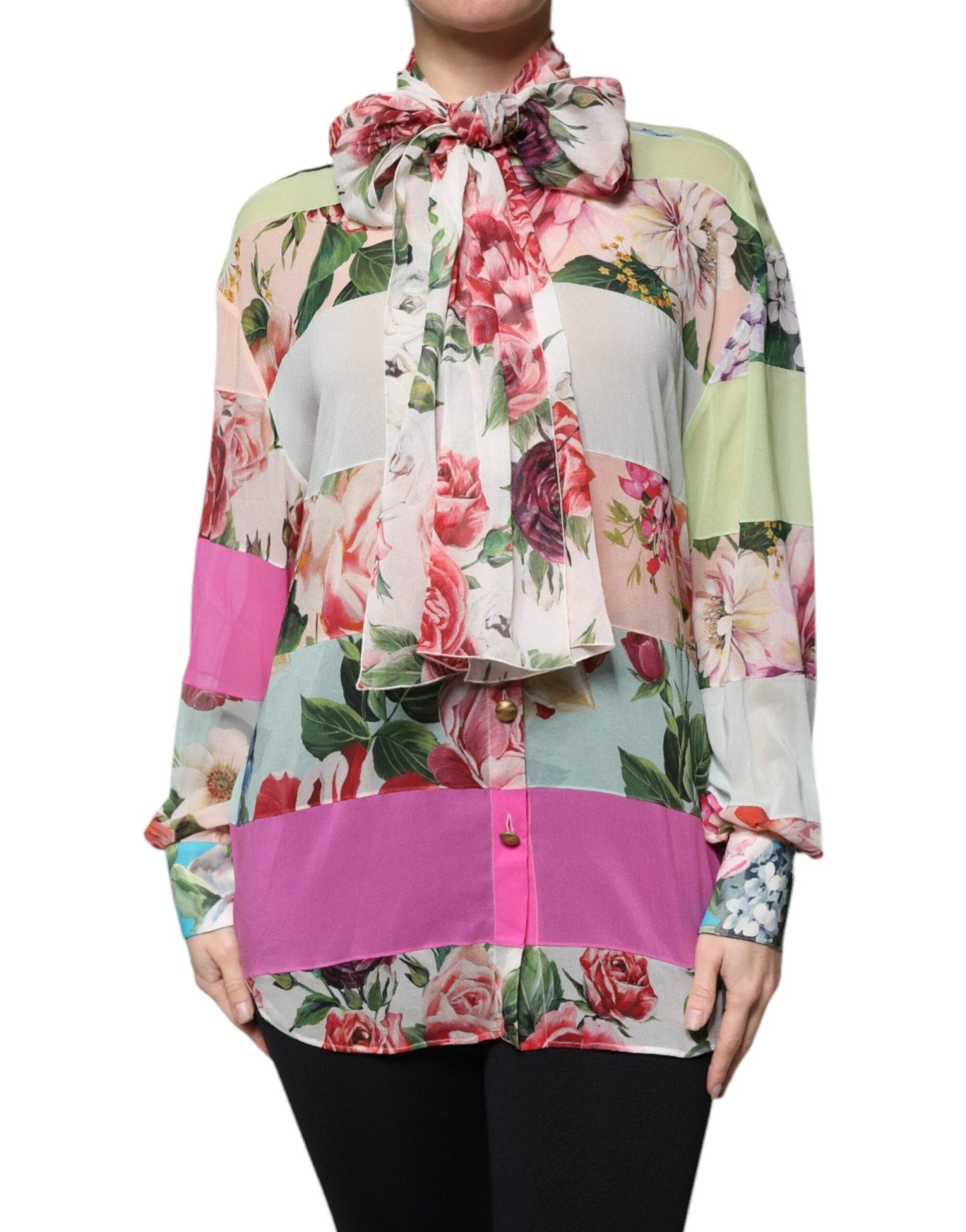 Dolce & Gabbana Multicolor Floral Patchwork Ascot Collar Top – IT38 | XS par Dolce & Gabbana | Disponible sur Sandy Store ByNet
