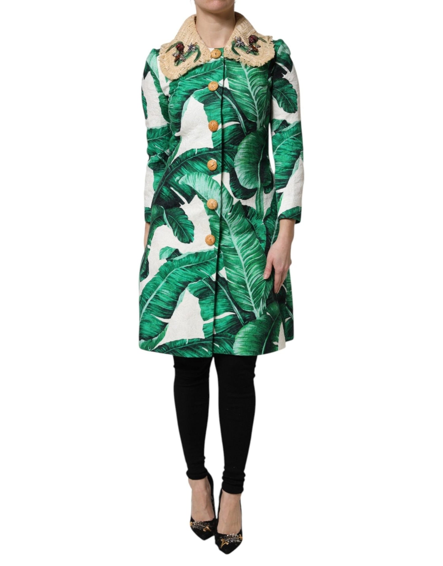 Dolce & Gabbana Multicolor Leaf Print Embellished Trenchcoat Jacket – IT36|XXS par Dolce & Gabbana | Disponible sur Sandy Store ByNet