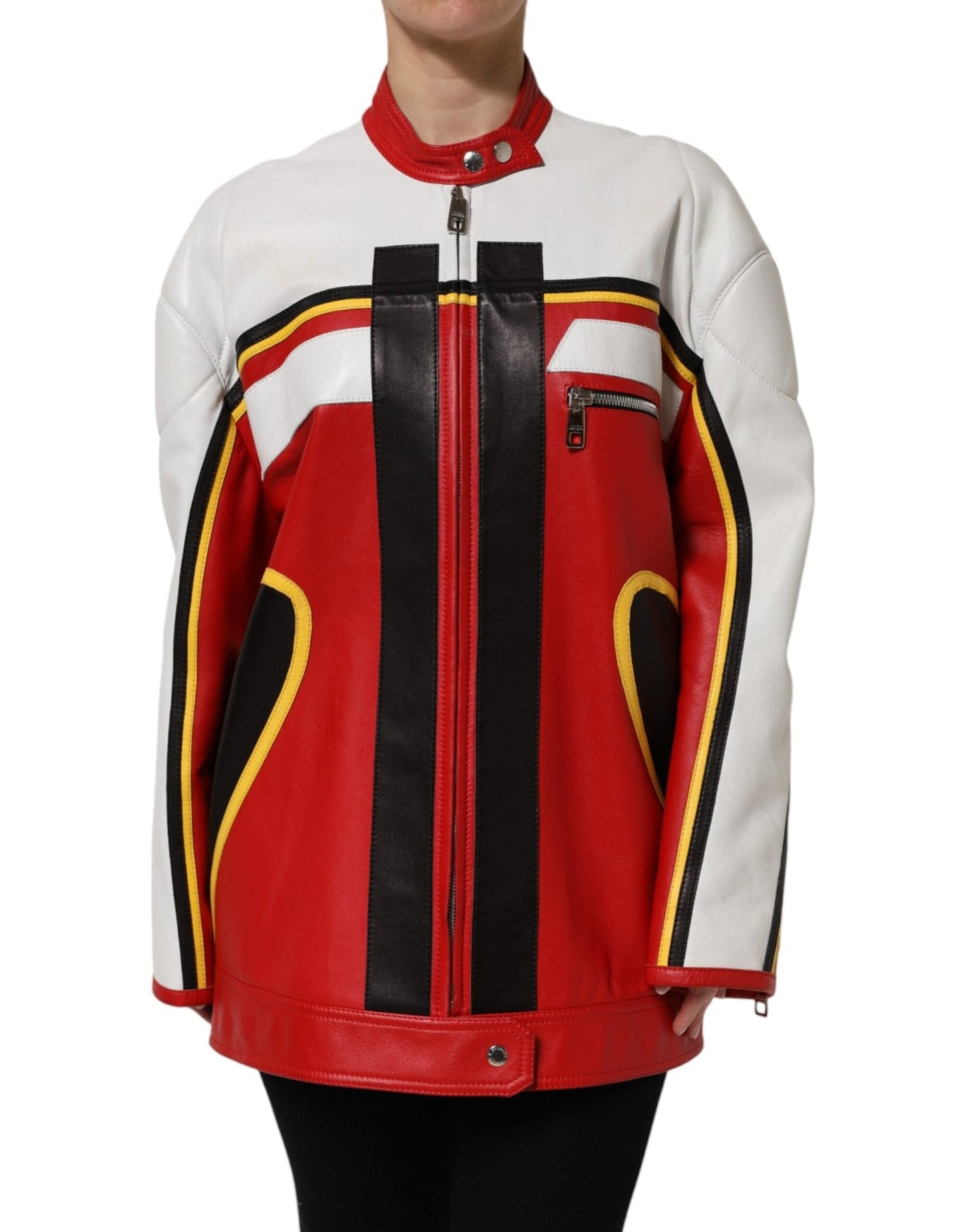 Dolce & Gabbana Multicolor Leather Biker Full Zip Coat Jacket – IT40|S par Dolce & Gabbana | Disponible sur Sandy Store ByNet