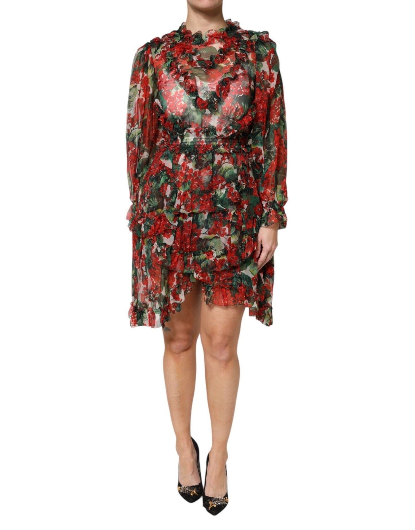 Dolce & Gabbana Multicolor Ruffle Floral Long Sleeves Dress – IT36|XXS par Dolce & Gabbana | Disponible sur Sandy Store ByNet
