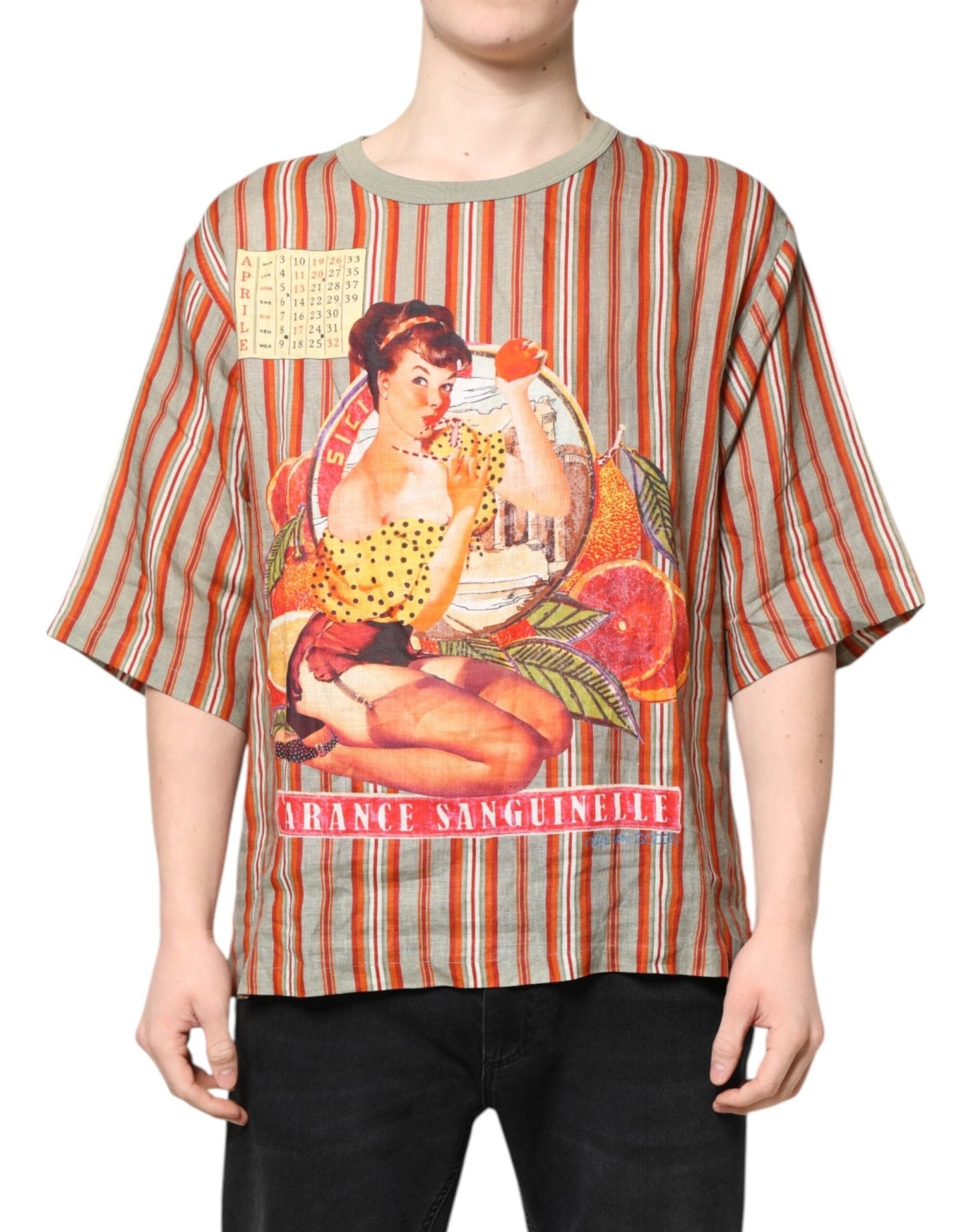 Dolce & Gabbana Multicolor Striped Graphic Linen Round Neck T-shirt – IT52 | XL par Dolce & Gabbana | Disponible sur Sandy Store ByNet