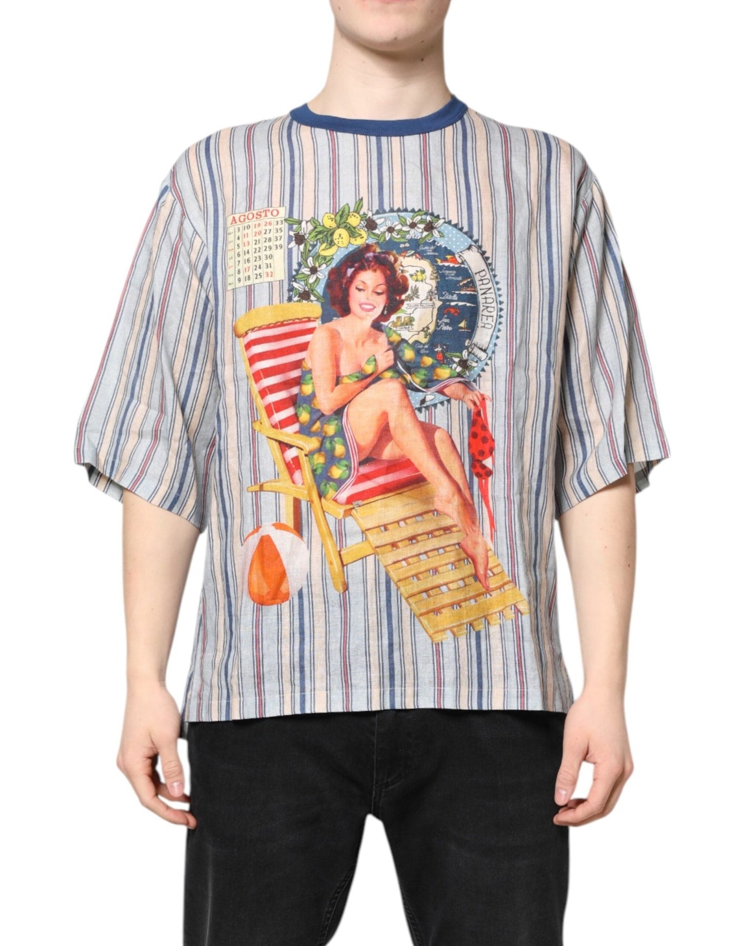 Dolce & Gabbana Multicolor Striped Pin Up Linen Round Neck T-shirt – IT46 | S par Dolce & Gabbana | Disponible sur Sandy Store ByNet