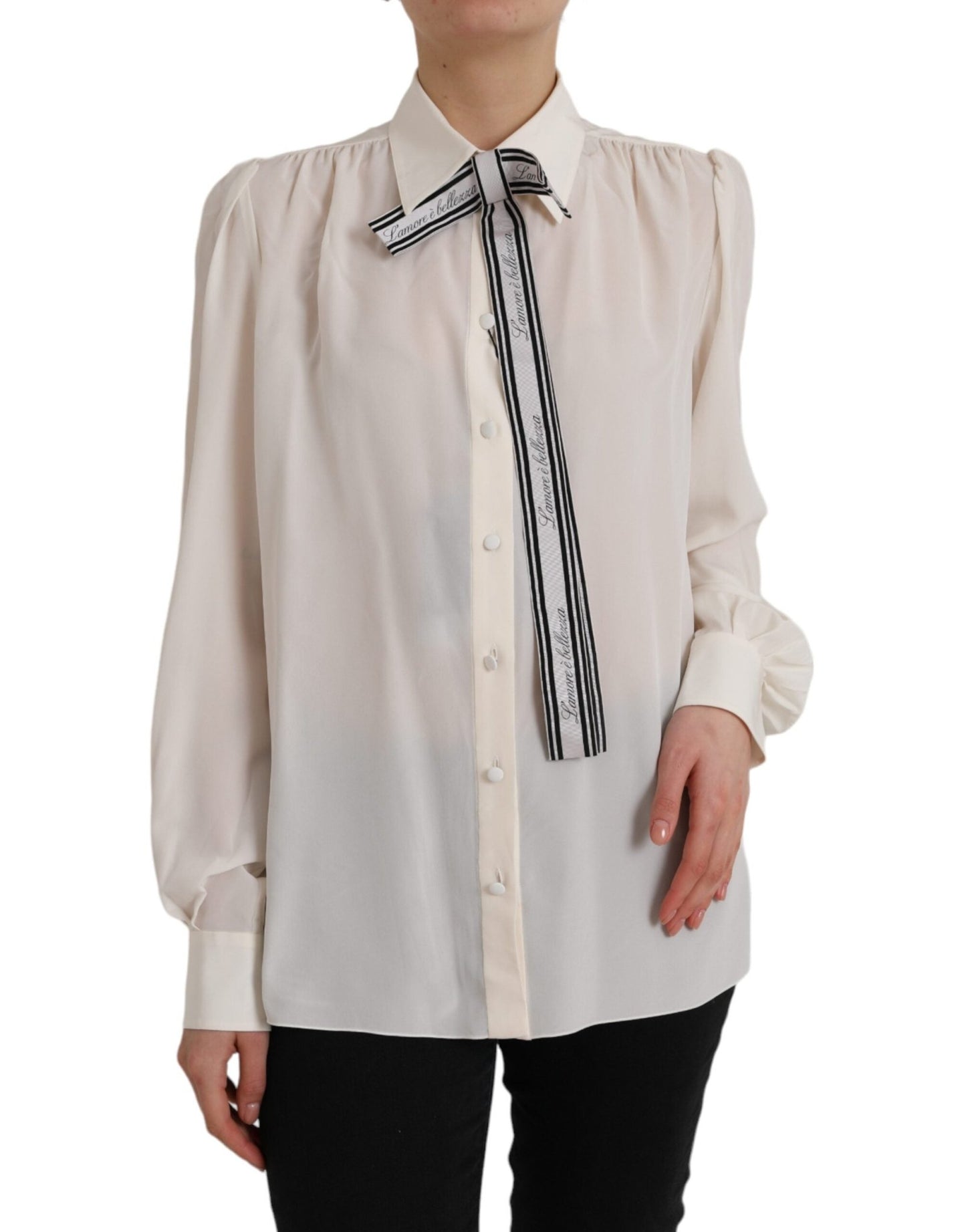 Dolce & Gabbana Off White Long Sleeve Button Down Blouse Top – IT46|XL par Dolce & Gabbana | Disponible sur Sandy Store ByNet