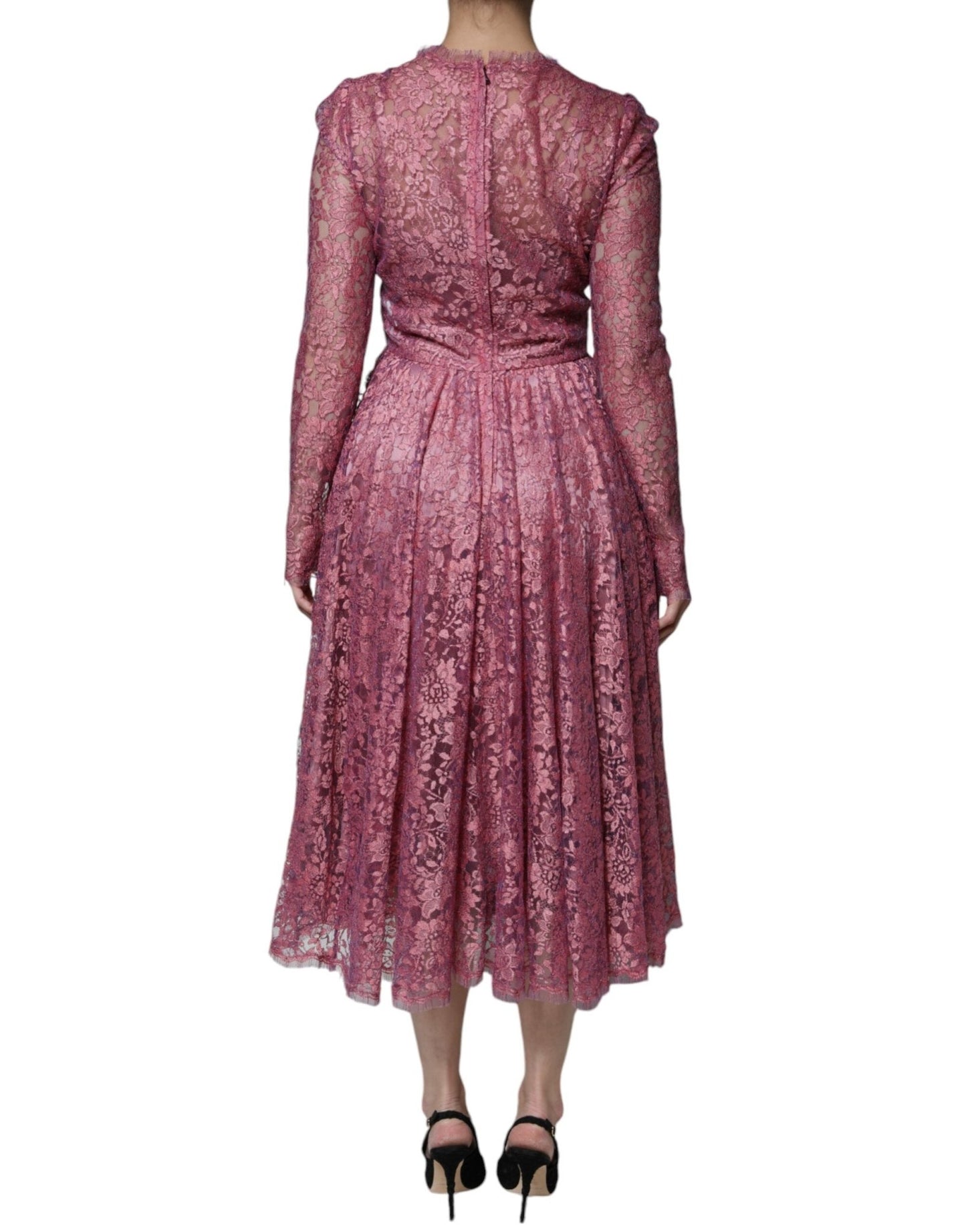 Dolce & Gabbana Pink Floral Lace Long Sleeve Midi Dress – IT36|XXS par Dolce & Gabbana | Disponible sur Sandy Store ByNet