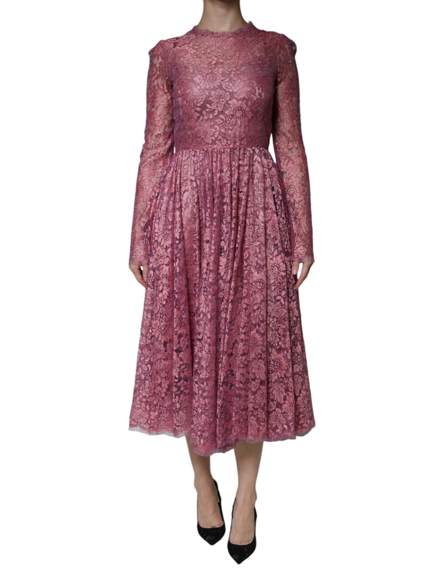 Dolce & Gabbana Pink Floral Lace Long Sleeve Midi Dress – IT36|XXS par Dolce & Gabbana | Disponible sur Sandy Store ByNet