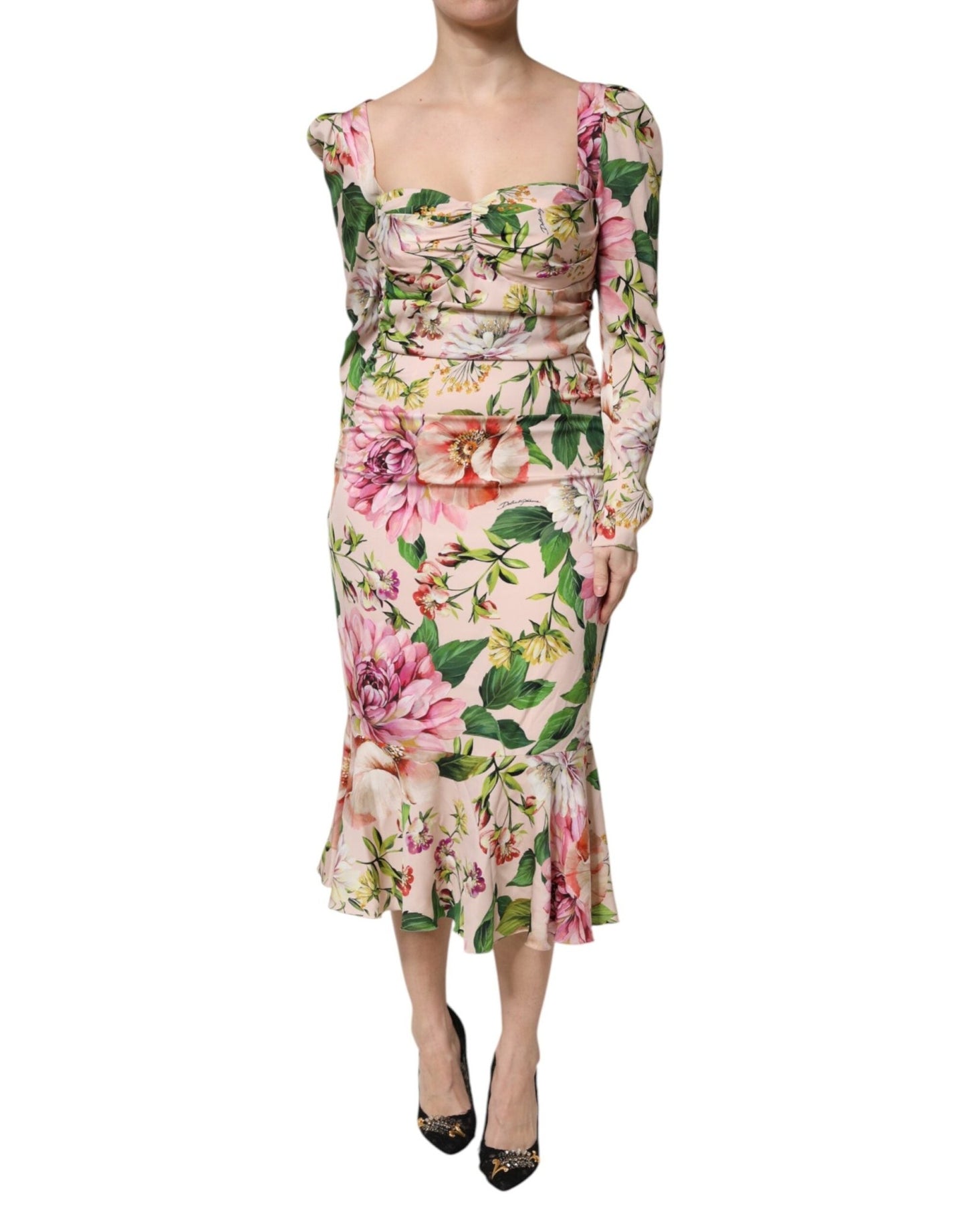 Dolce & Gabbana Pink Floral Silk Fit And Flared Midi Dress – IT46|XL par Dolce & Gabbana | Disponible sur Sandy Store ByNet