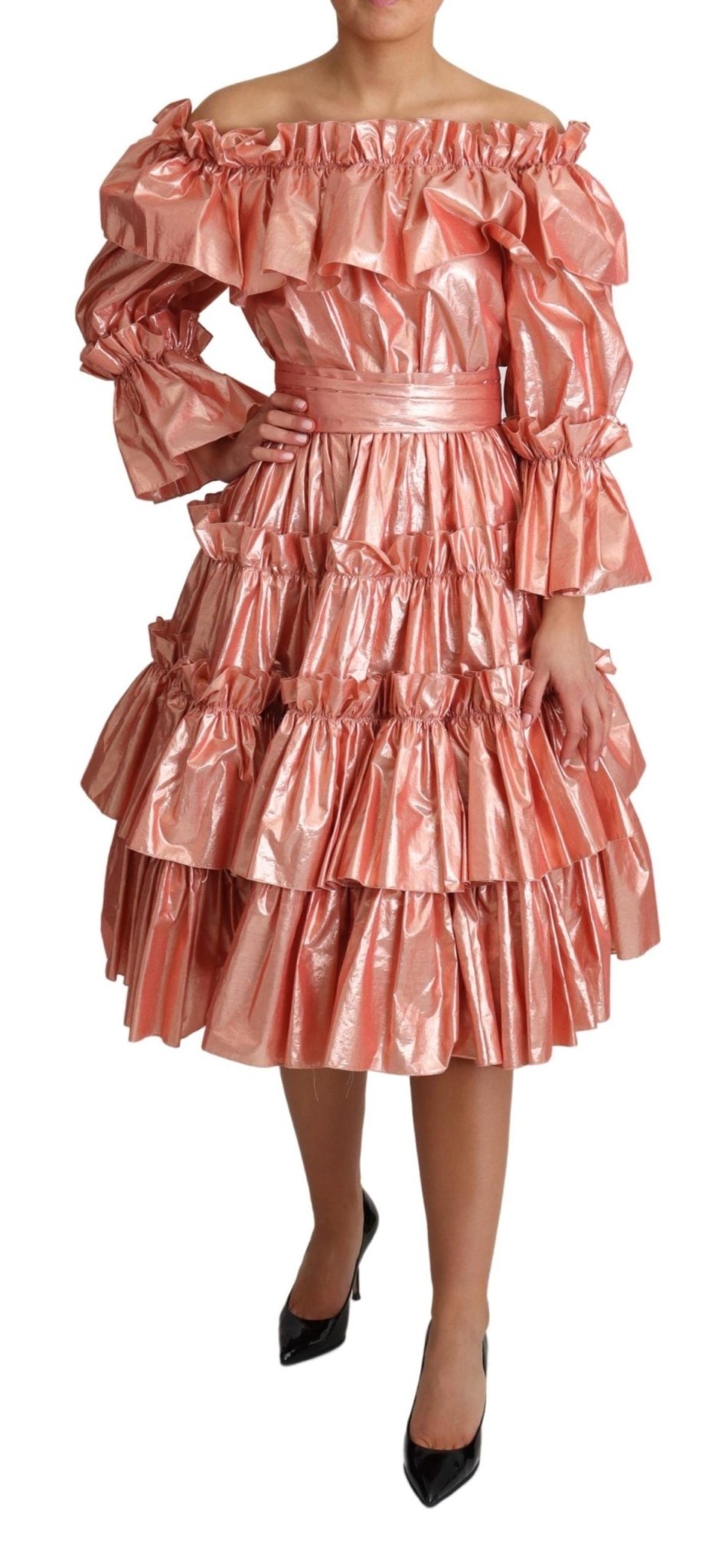 Dolce & Gabbana Pink Metallic Ruffled Gown Elegance - Sandy Store ByNet