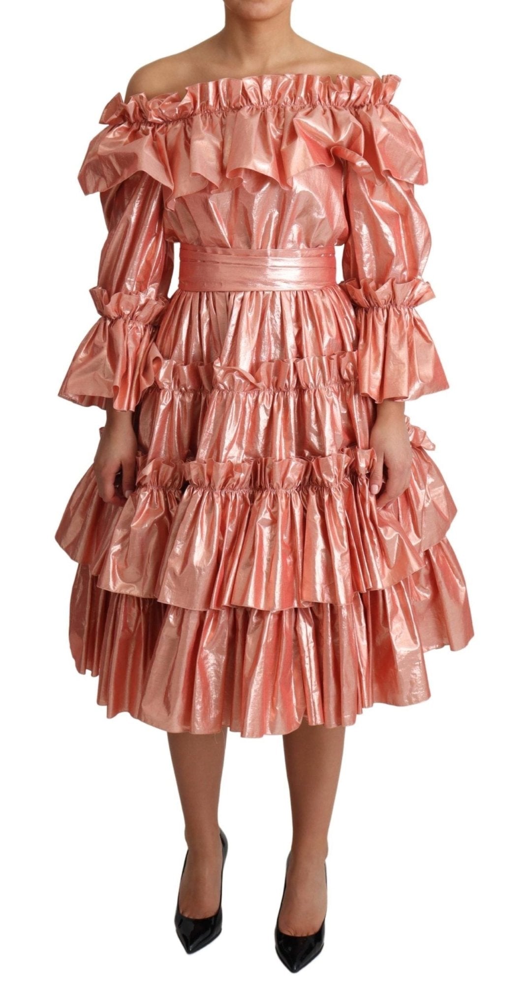 Dolce & Gabbana Pink Metallic Ruffled Gown Elegance - Sandy Store ByNet