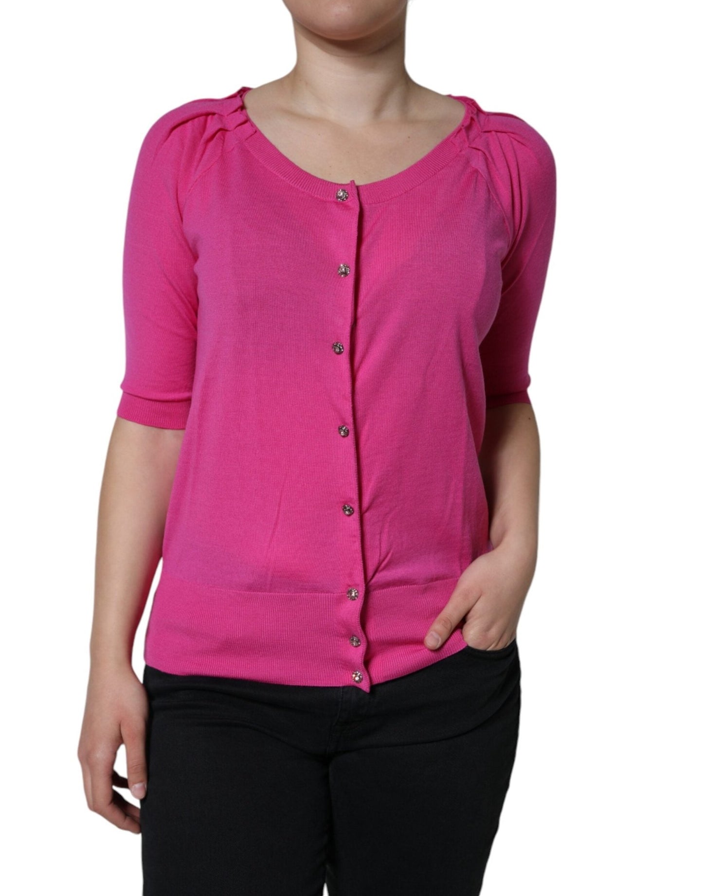 Dolce & Gabbana Pink Wool Button Down Short Sleeve Blouse Top – IT40|S par Dolce & Gabbana | Disponible sur Sandy Store ByNet