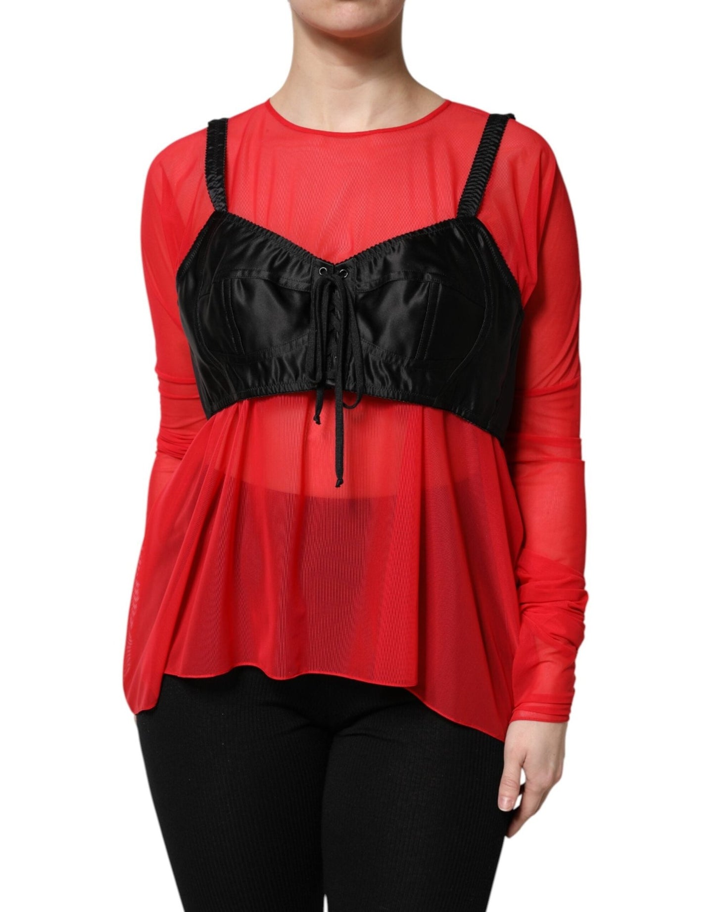 Dolce & Gabbana Red Black Bustier Detailing Long Sleeves Top – IT40|S par Dolce & Gabbana | Disponible sur Sandy Store ByNet