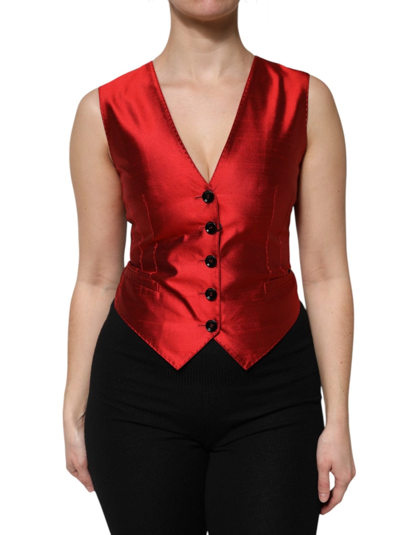 Dolce & Gabbana Red Black Button Down Sleeveless Vest Top – IT40|S par Dolce & Gabbana | Disponible sur Sandy Store ByNet