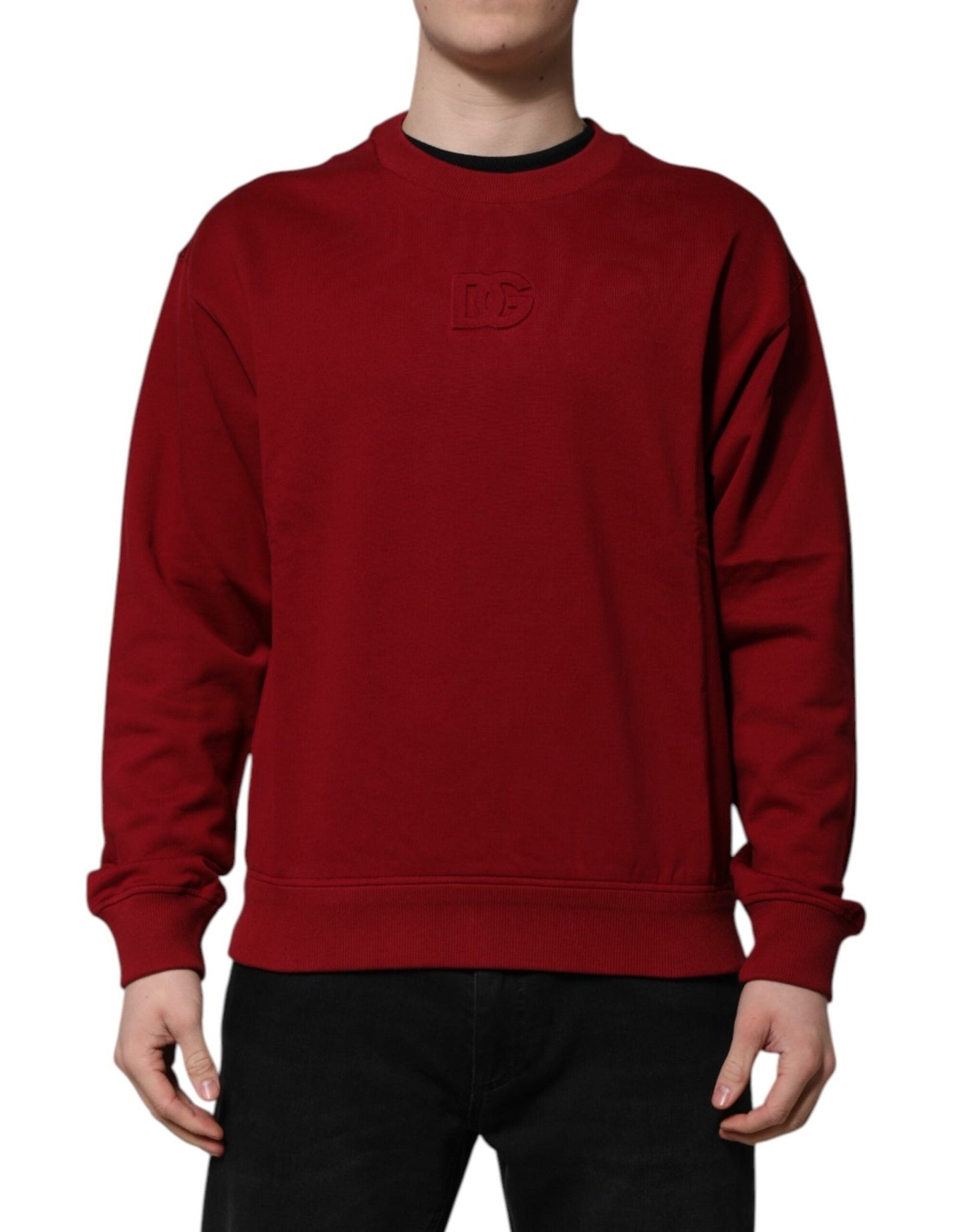 Dolce & Gabbana Red Embossed Logo Cotton Crew Neck Sweater – IT44 | XS par Dolce & Gabbana | Disponible sur Sandy Store ByNet