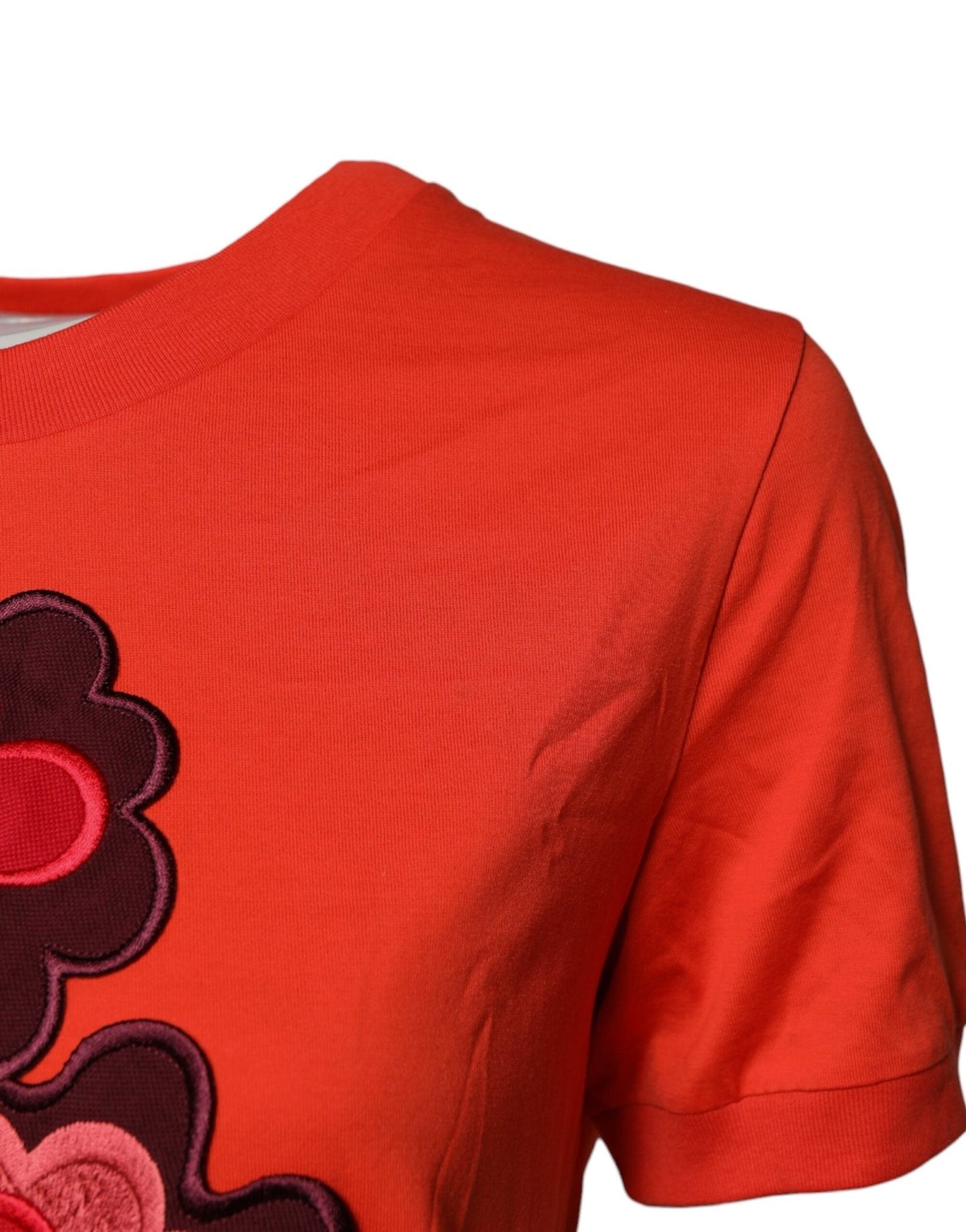 Dolce & Gabbana Red Floral Embroidery Cotton Crew Neck T-shirt - Sandy Store ByNet