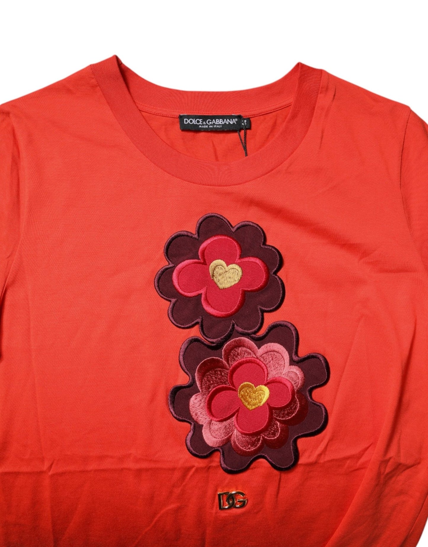 Dolce & Gabbana Red Floral Embroidery Cotton Crew Neck T-shirt - Sandy Store ByNet