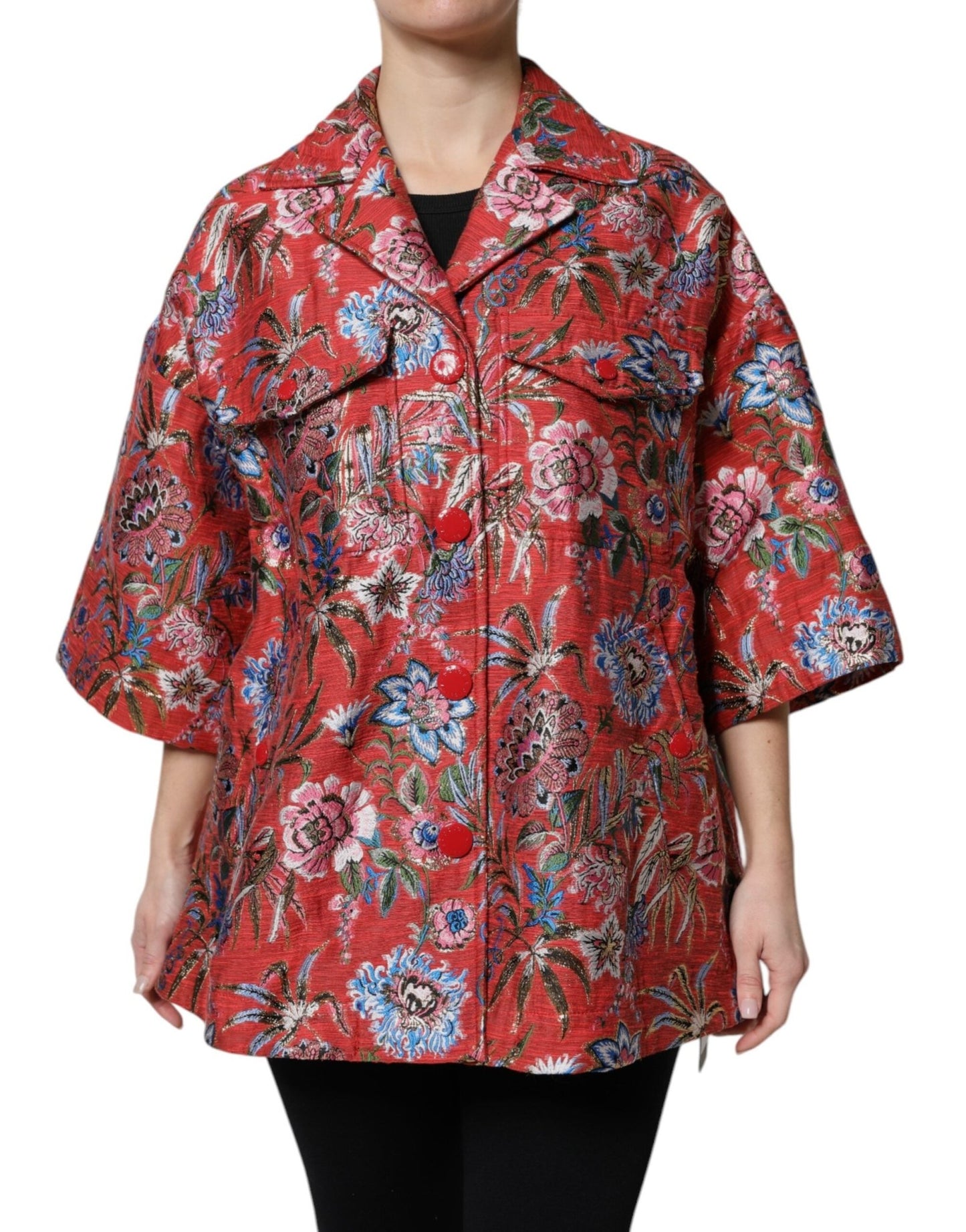 Dolce & Gabbana Red Floral Jacquard Button Down Coat Jacket – IT38 | XS par Dolce & Gabbana | Disponible sur Sandy Store ByNet