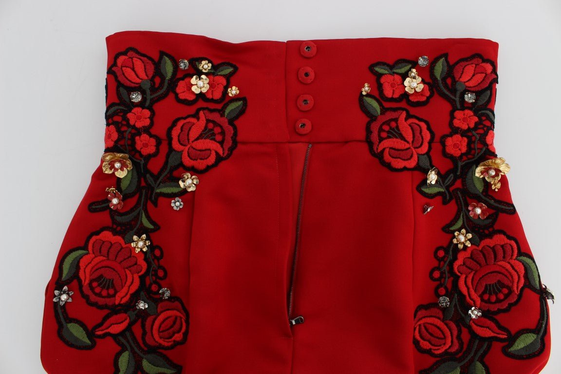 Dolce & Gabbana Red Silk Crystal - Embellished Mini Shorts - Sandy Store ByNet
