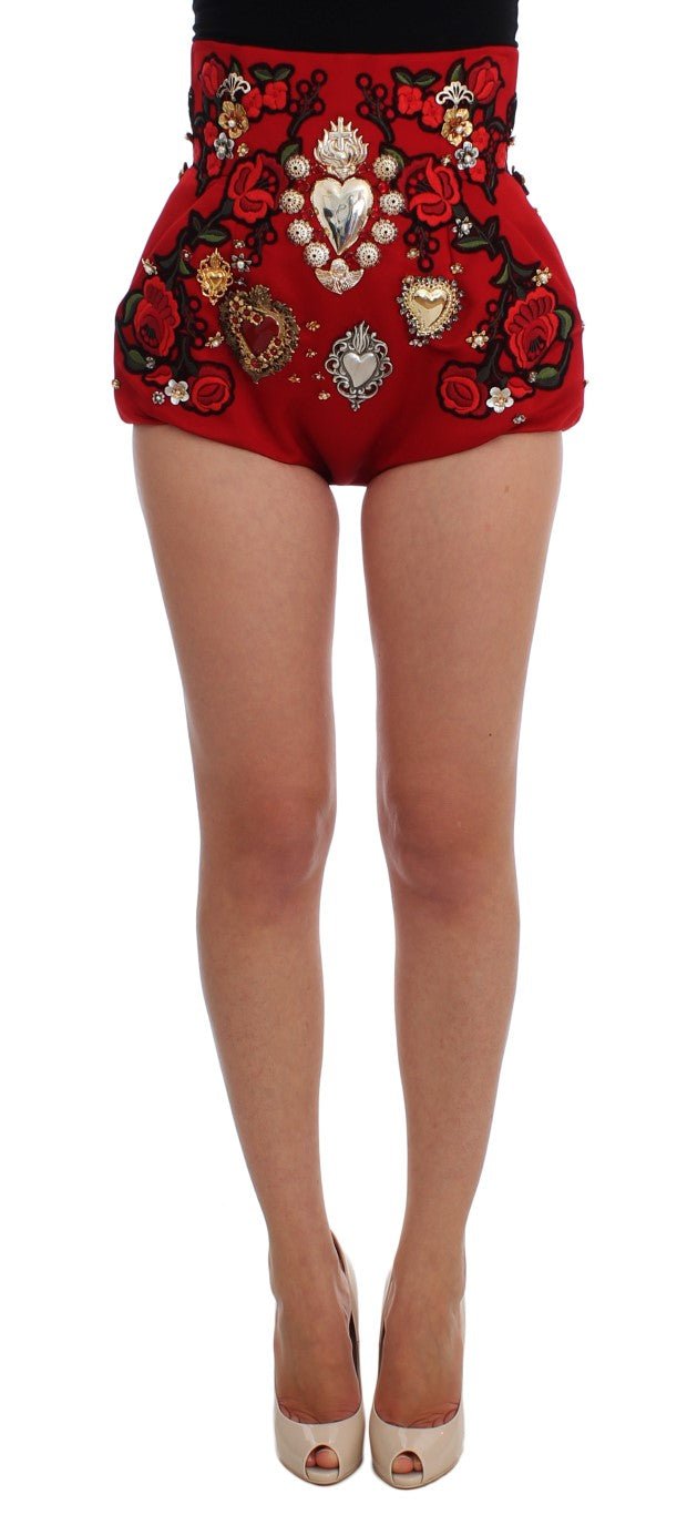 Dolce & Gabbana Red Silk Crystal - Embellished Mini Shorts - Sandy Store ByNet