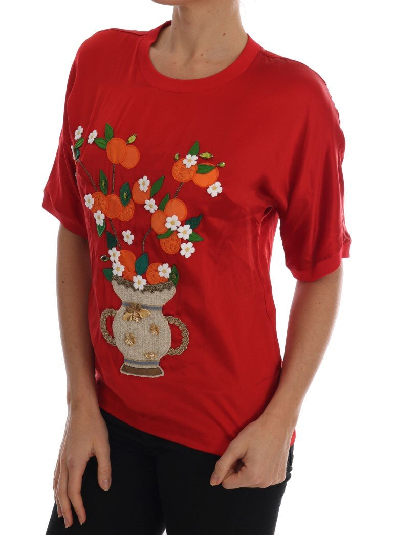 Dolce & Gabbana Red Silk Floral Embroidered Elegance Top - Sandy Store ByNet