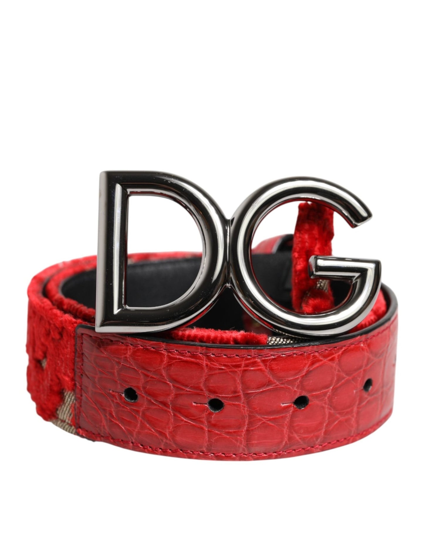 Dolce & Gabbana Red Viscose Silver DG Logo Metal Buckle Belt – 65 cm / 26 Inches par Dolce & Gabbana | Disponible sur Sandy Store ByNet